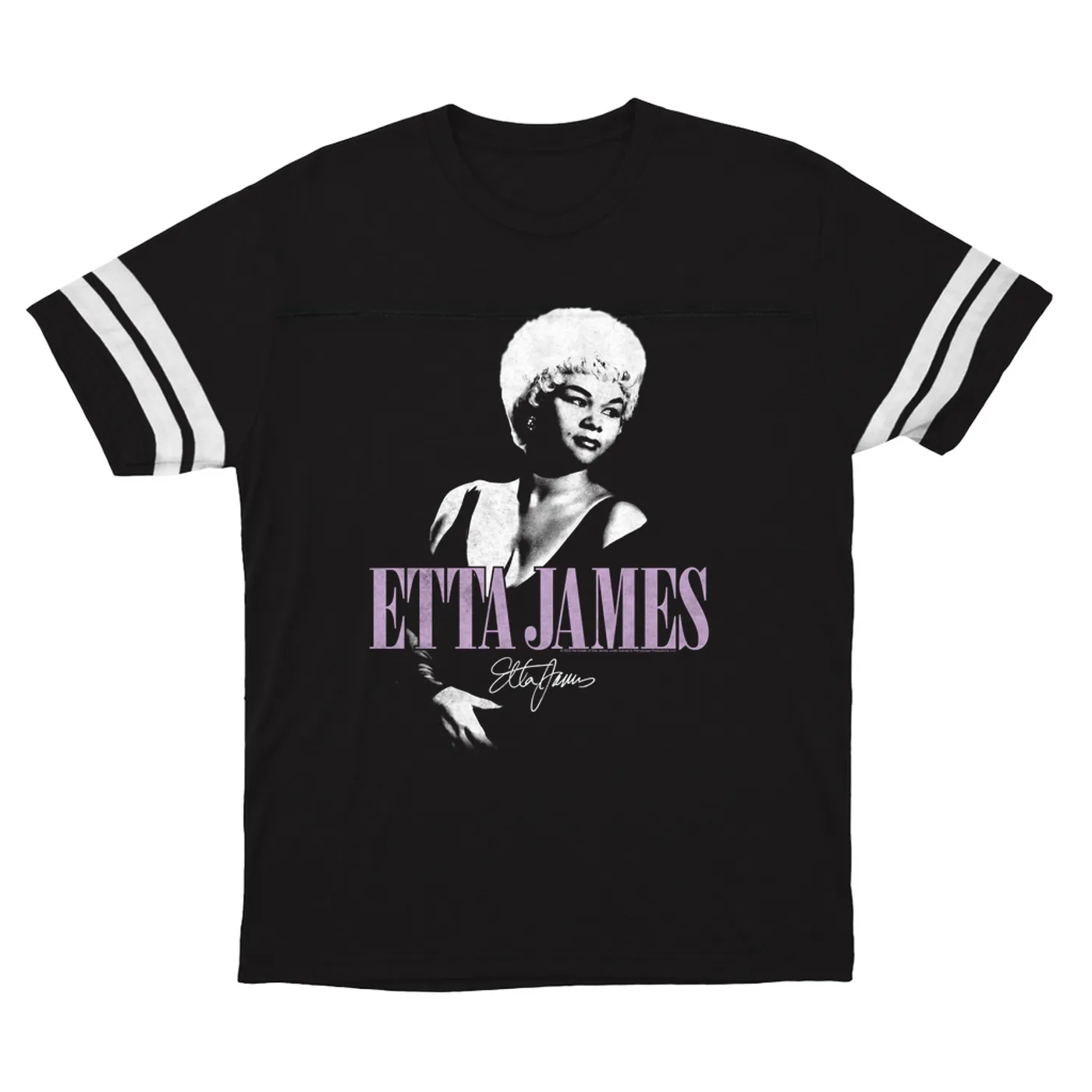 Etta James T-Shirt | Circa 1965 Purple Image With Signature Etta James Football Shirt