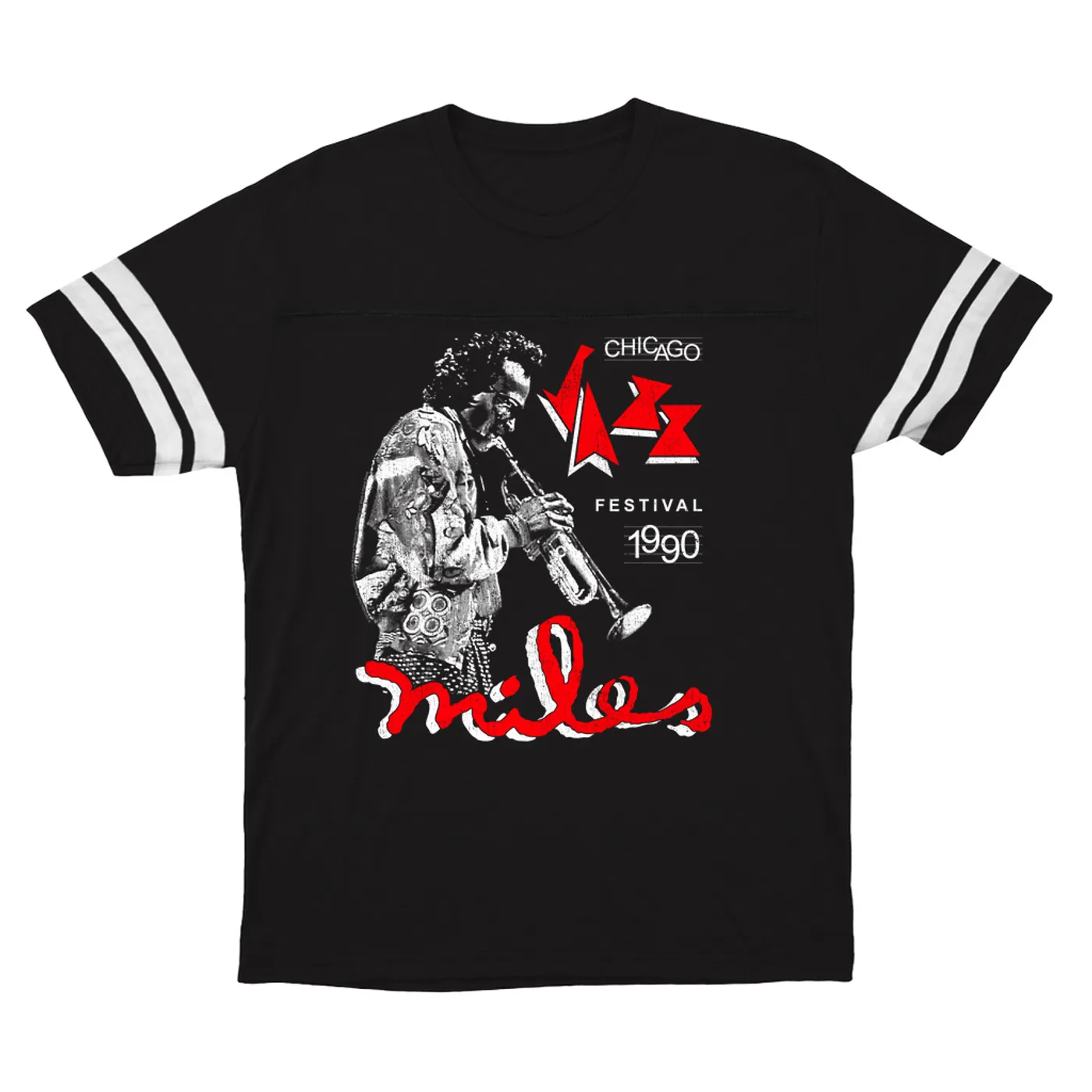 Miles Davis T-Shirt | Chicago Jazz Festival 1990 Distressed (Merchbar Exclusive) Miles Davis Football Shirt