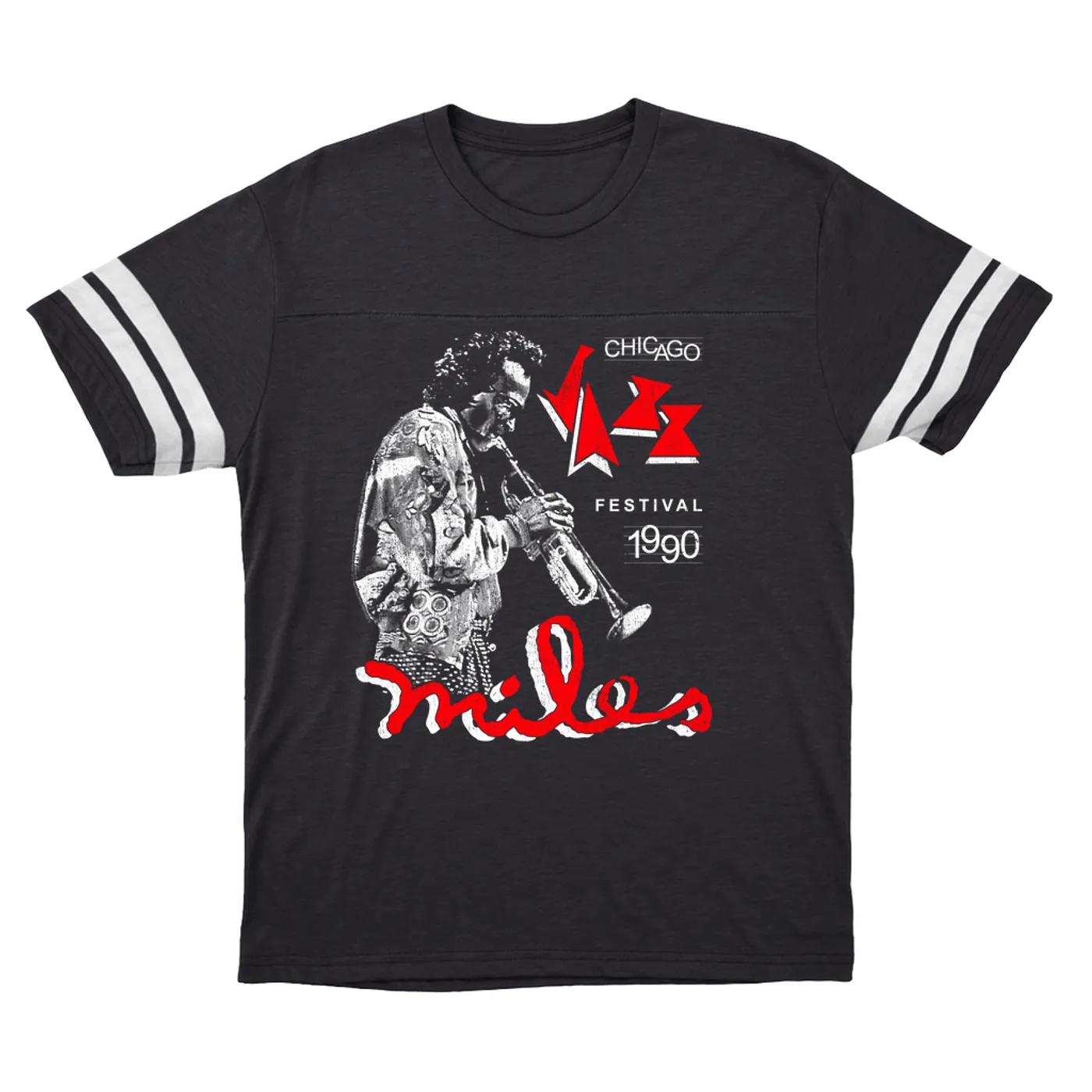 Miles Davis T-Shirt | Chicago Jazz Festival 1990 Distressed (Merchbar Exclusive) Miles Davis Football Shirt