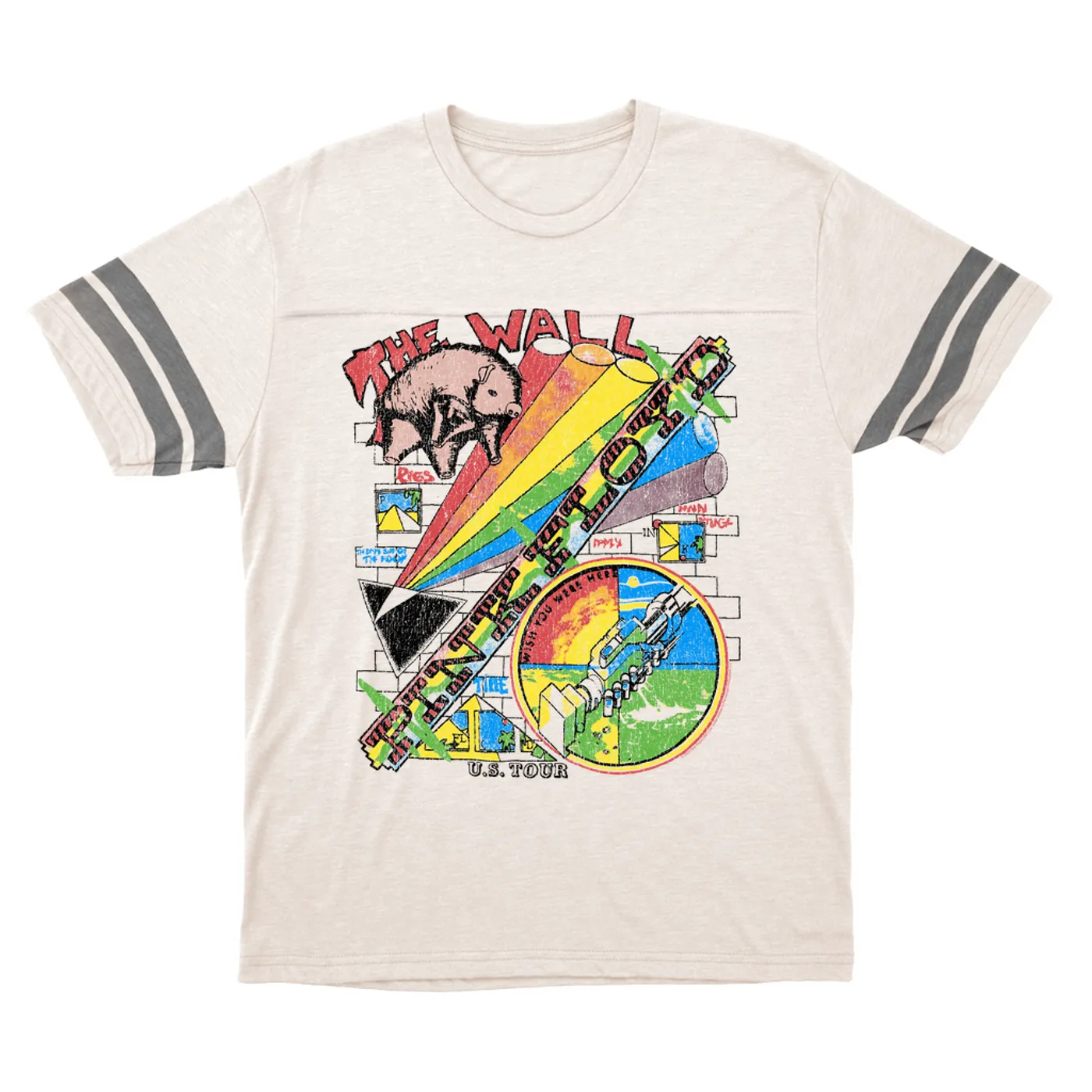 Pink Floyd T-Shirt | The Wall U.S. Tour Sketch Distressed Pink Floyd Football Shirt