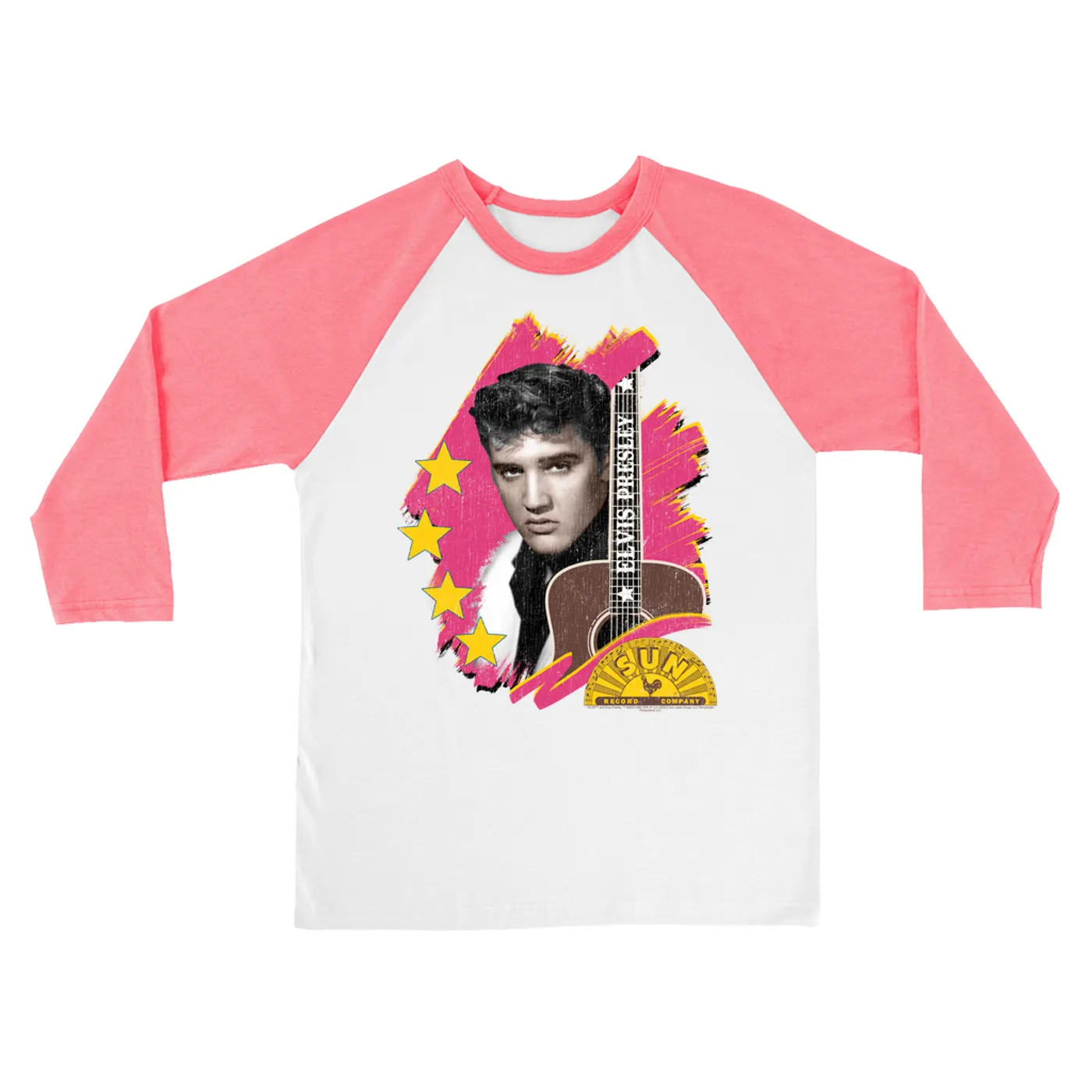 Elvis Presley Sun Records 3/4 Sleeve Baseball Tee | Guitar With Pink Brush Strokes Distressed (Merchbar Exclusive) Sun Records Shirt