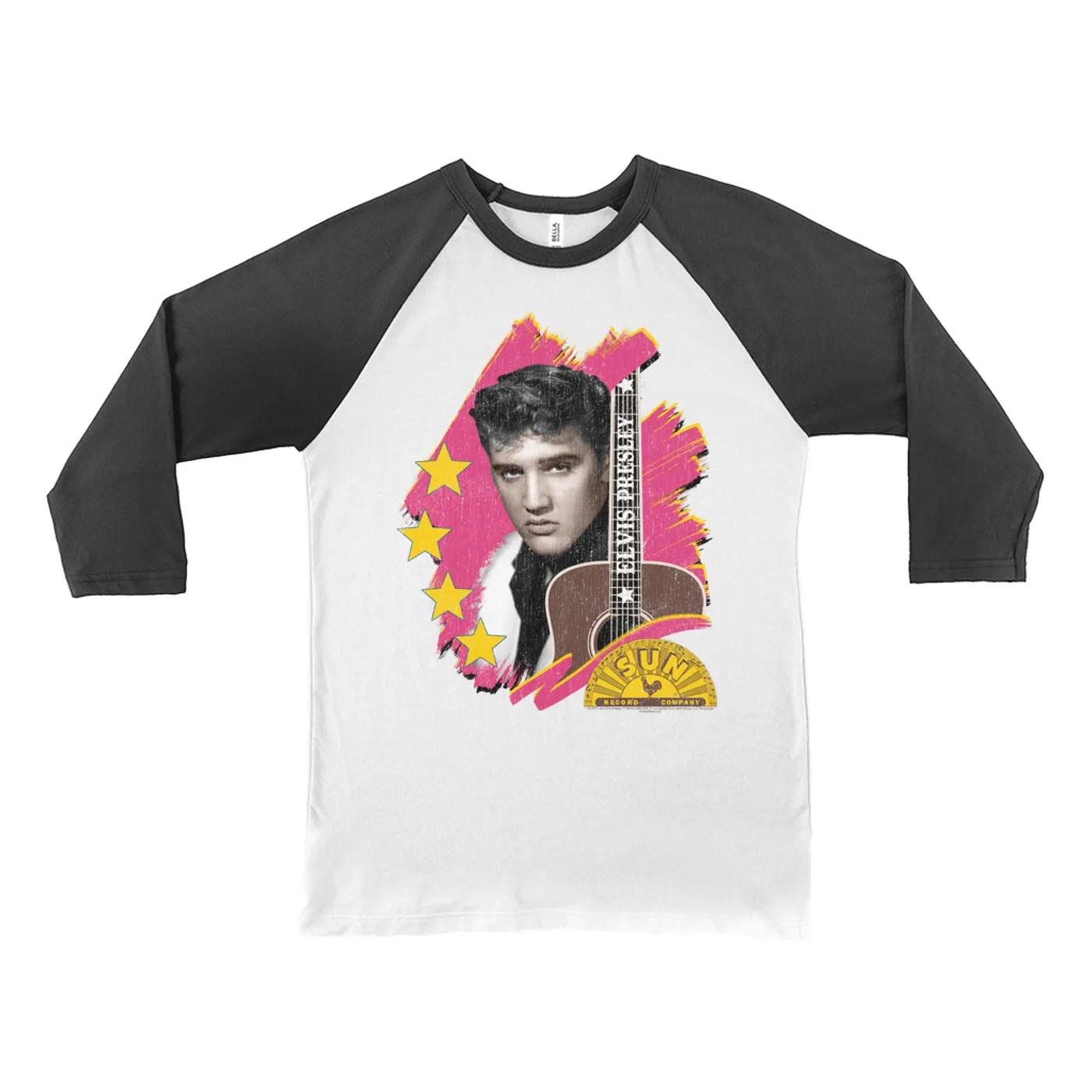 Elvis Presley Sun Records 3/4 Sleeve Baseball Tee | Guitar With Pink Brush Strokes Distressed (Merchbar Exclusive) Sun Records Shirt
