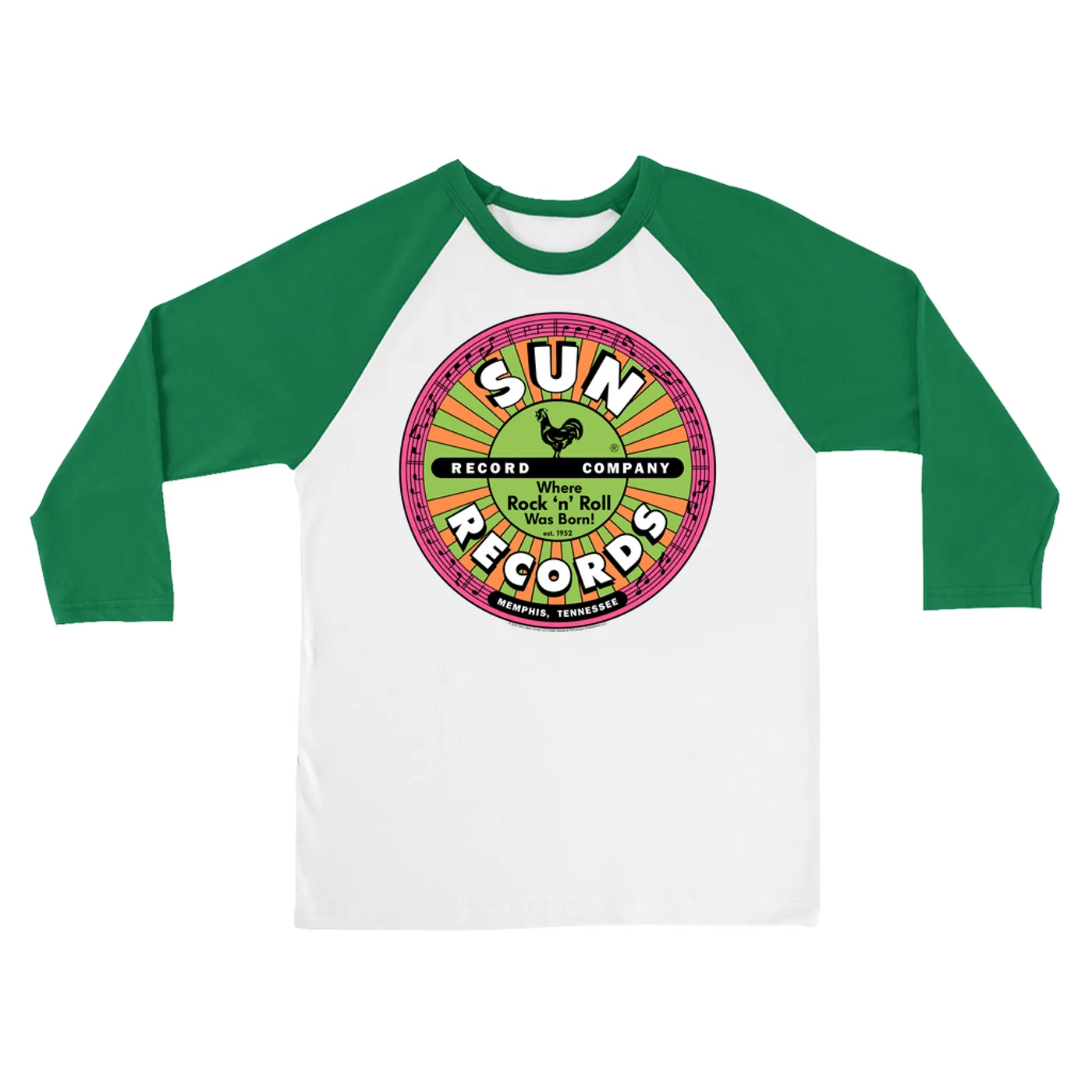 Sun Records 3/4 Sleeve Baseball Tee | Where Rock n Roll Was Born Colorful Label (Merchbar Exclusive) Sun Records Shirt