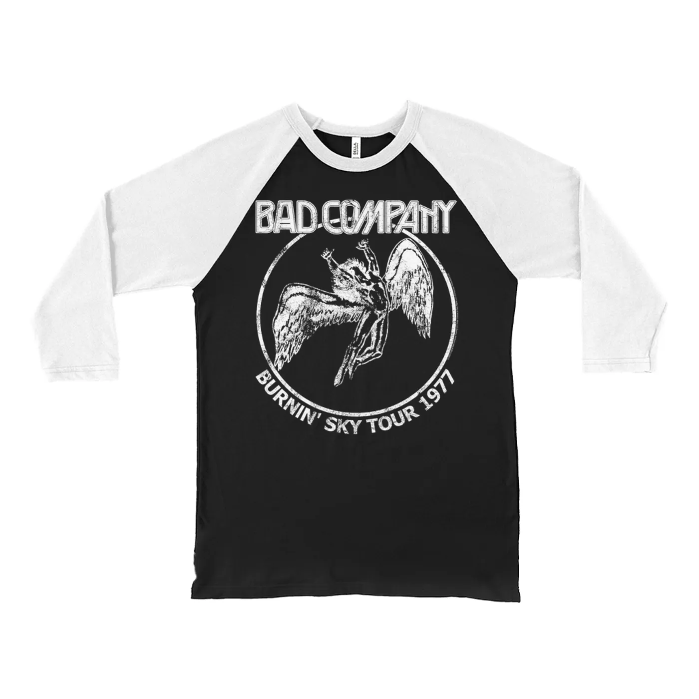 Bad Company 3/4 Sleeve Baseball Tee | Burnin' The Sky Tour Angel 1977 Distressed Bad Company Shirt