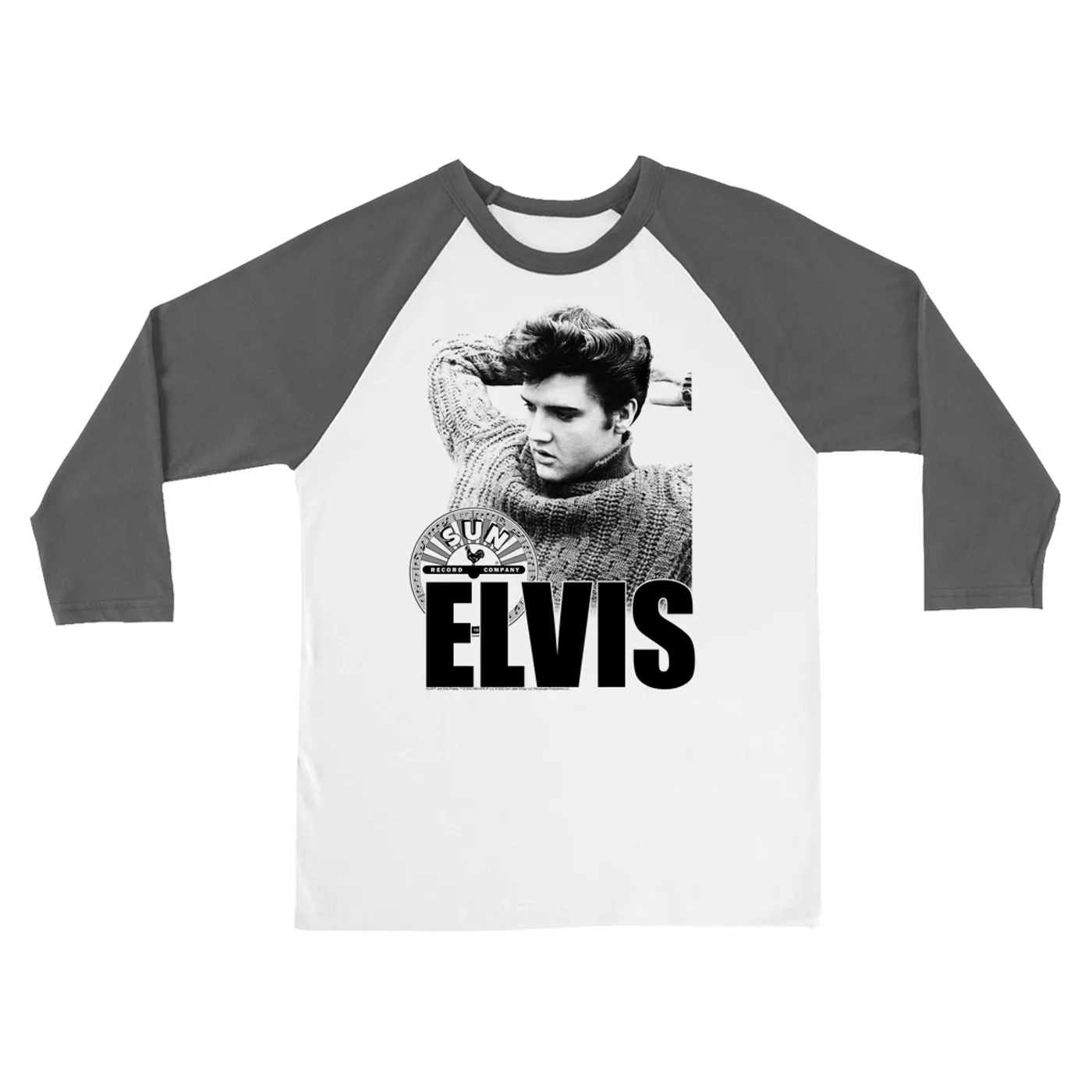 Elvis Presley Sun Records 3/4 Sleeve Baseball Tee | Book Cover Photo With Record Label (Merchbar Exclusive) Sun Records Shirt