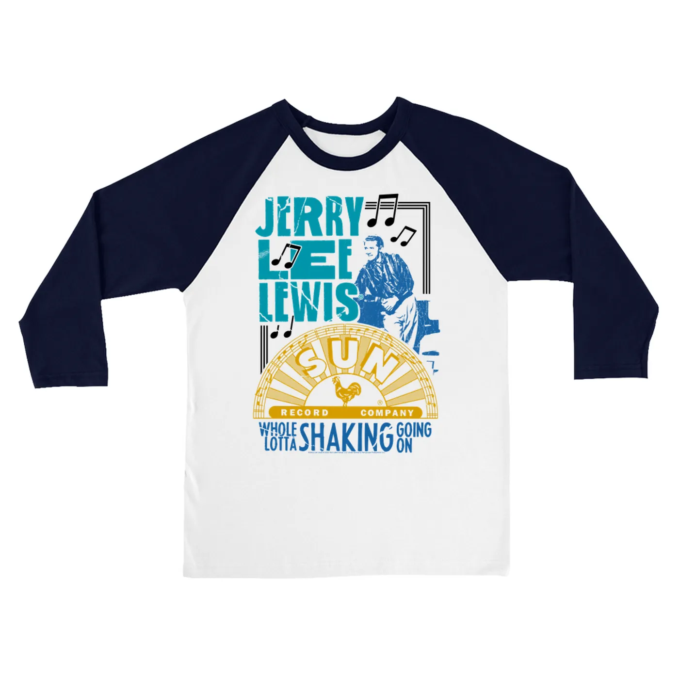 Jerry Lee Lewis Sun Records 3/4 Sleeve Baseball Tee | Whole Lotta Shaking Going On Design Sun Records Shirt