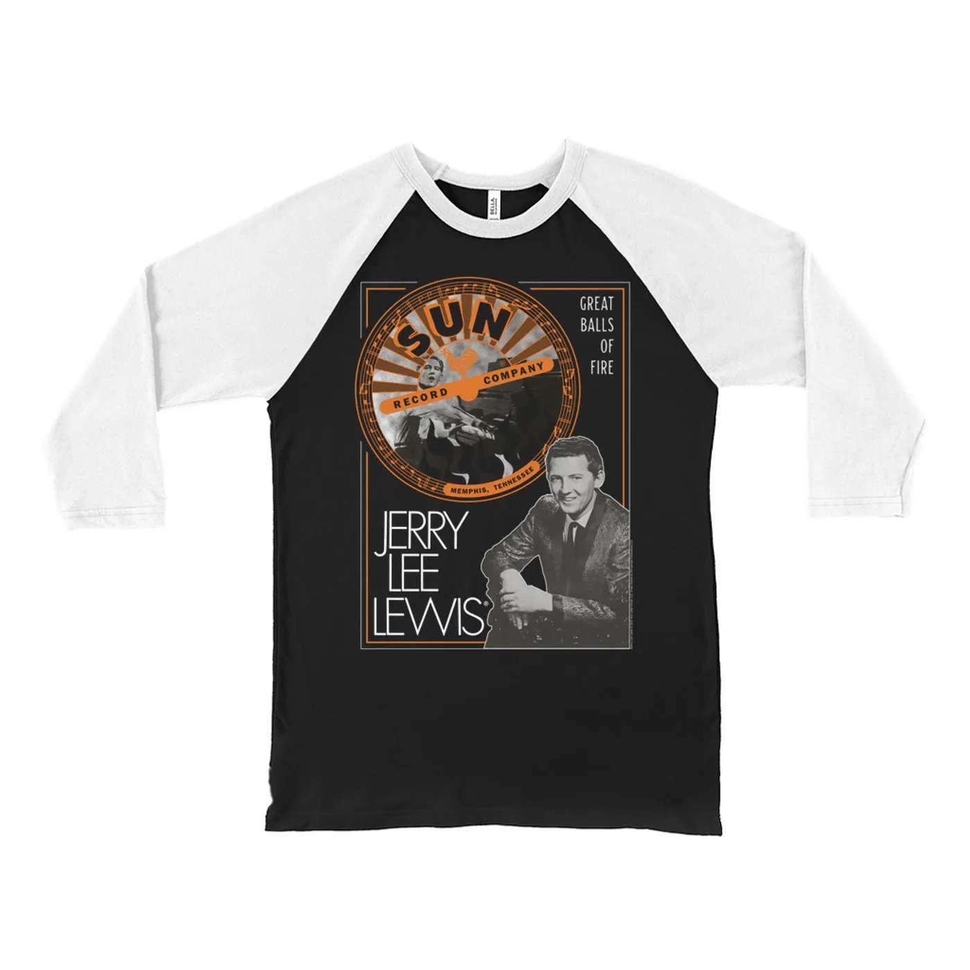Jerry Lee Lewis Sun Records 3/4 Sleeve Baseball Tee | Great Balls of Fire Design Sun Records Shirt