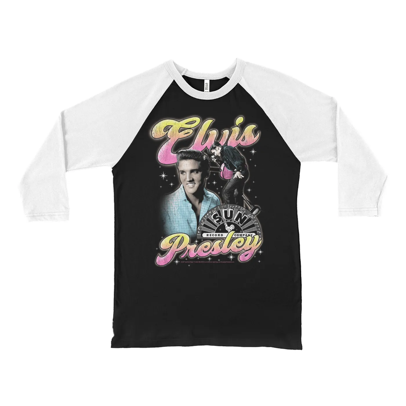 Elvis Presley Sun Records 3/4 Sleeve Baseball Tee | Colorful Pink Yellow Collage (Merchbar Exclusive) Sun Records Shirt