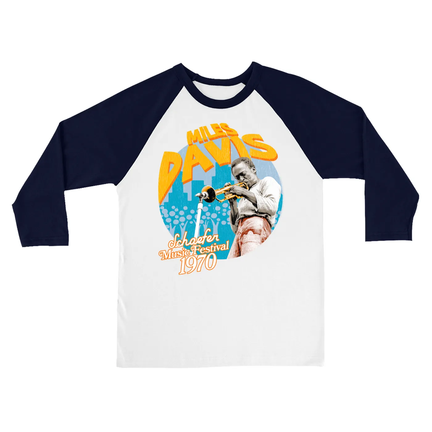 Miles Davis 3/4 Sleeve Baseball Tee | Schaefer Music Fest 1970 Distressed (Merchbar Exclusive) Miles Davis Shirt