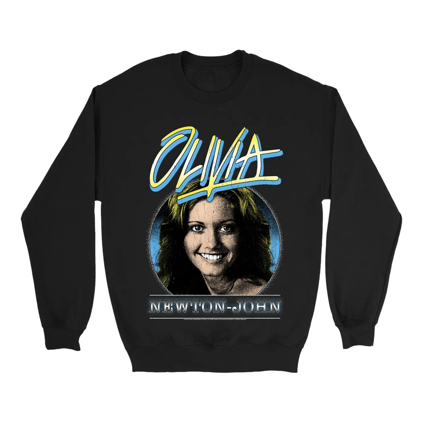 Olivia Newton-John Sweatshirt | Yellow Blue OLIVIA Distressed Image Olivia Newton John Sweatshirt