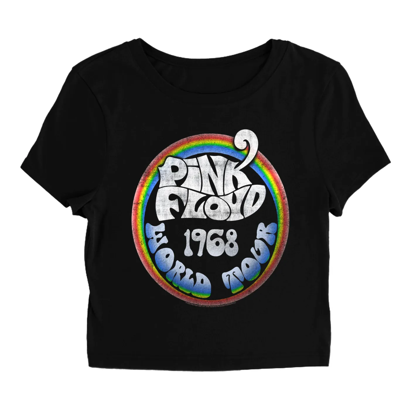 Pink Floyd Women's T-Shirt | Rainbow Ombre 1968 World Tour Design Distressed Pink Floyd Baby Tee