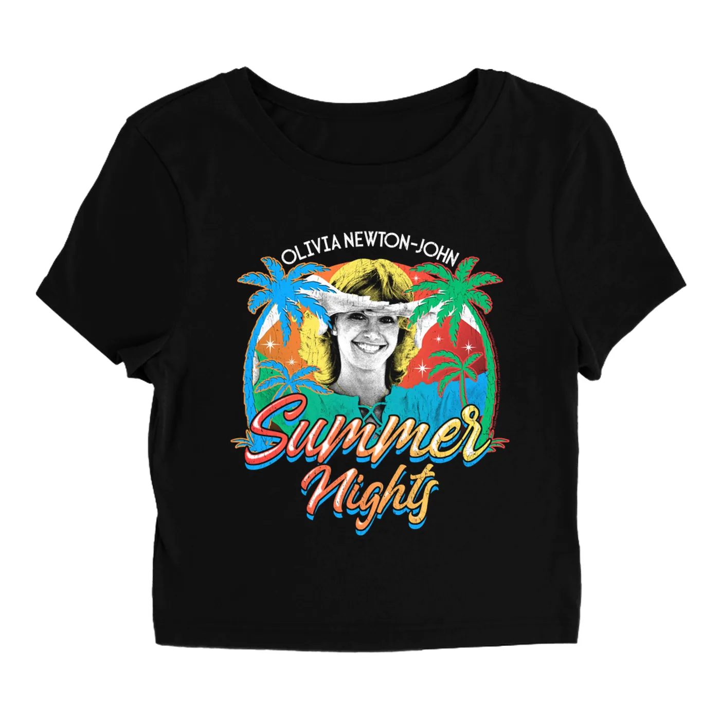 Olivia Newton-John Women's T-Shirt | Retro Summer Nights Distressed (Merchbar Exclusive) Olivia Newton John Baby Tee