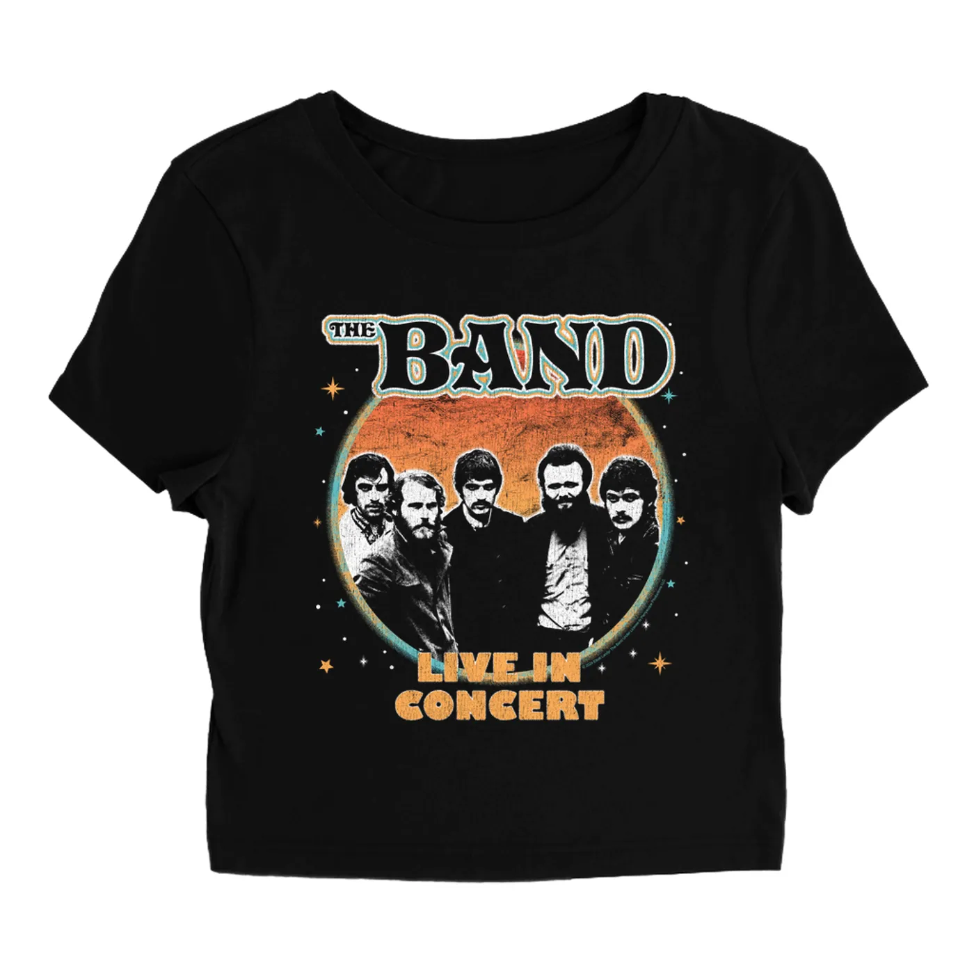The Band Women's T-Shirt | Live In Concert Retro Stars Design Distressed The Band Baby Tee
