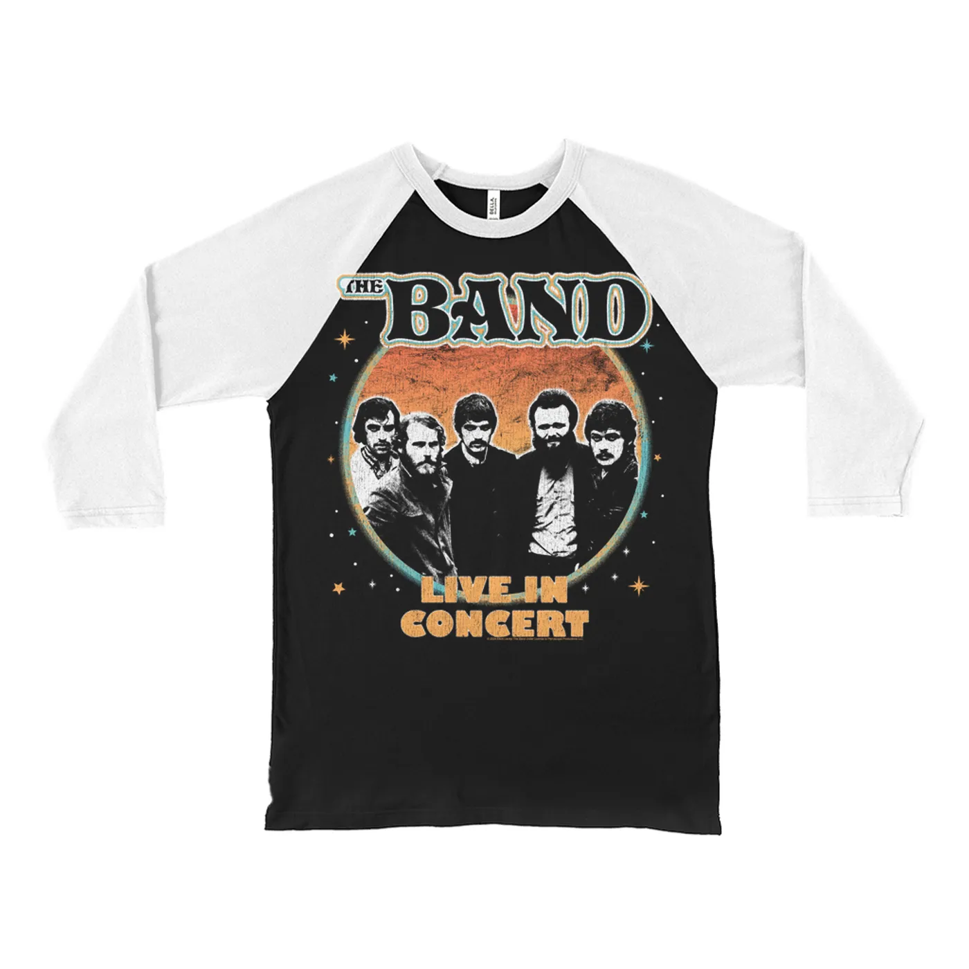 The Band 3/4 Sleeve Baseball Tee | Live In Concert Retro Stars Design Distressed The Band Shirt