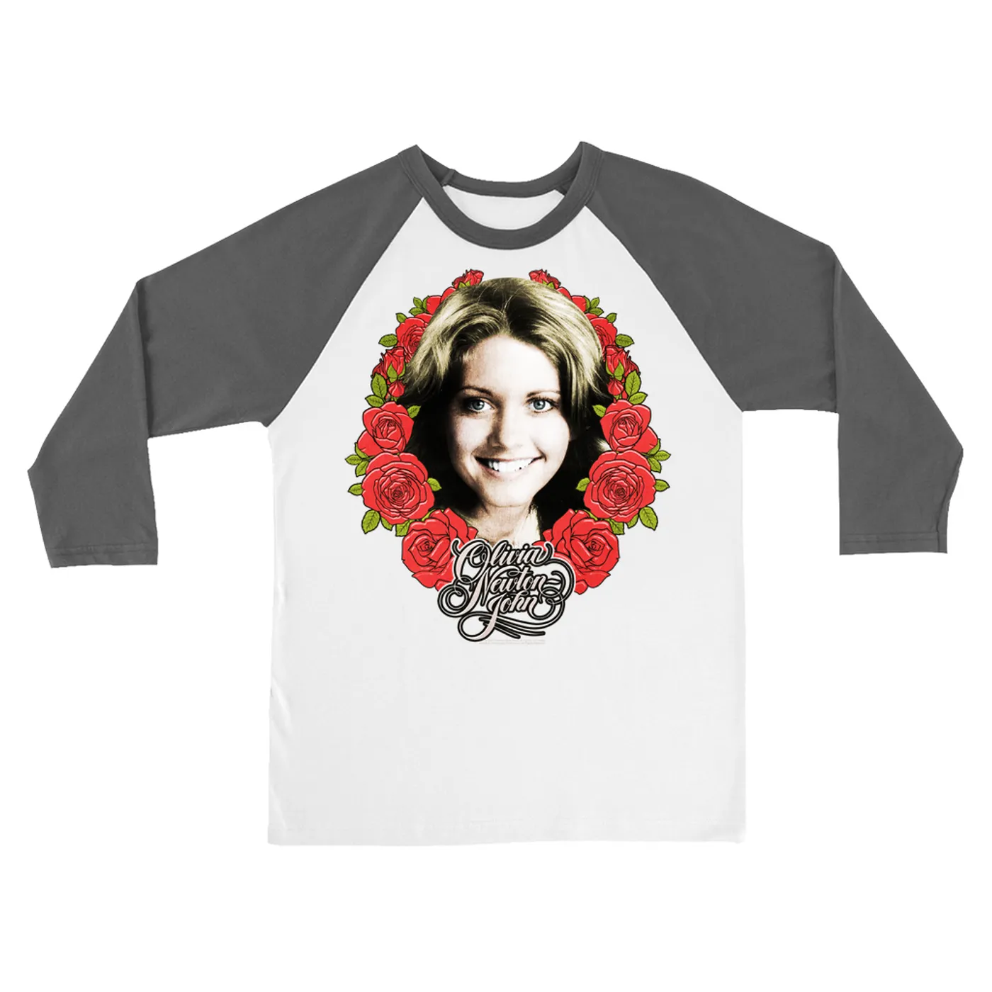 Olivia Newton-John 3/4 Sleeve Baseball Tee | Rose Crest Tribute Design (Merchbar Exclusive) Olivia Newton John Shirt