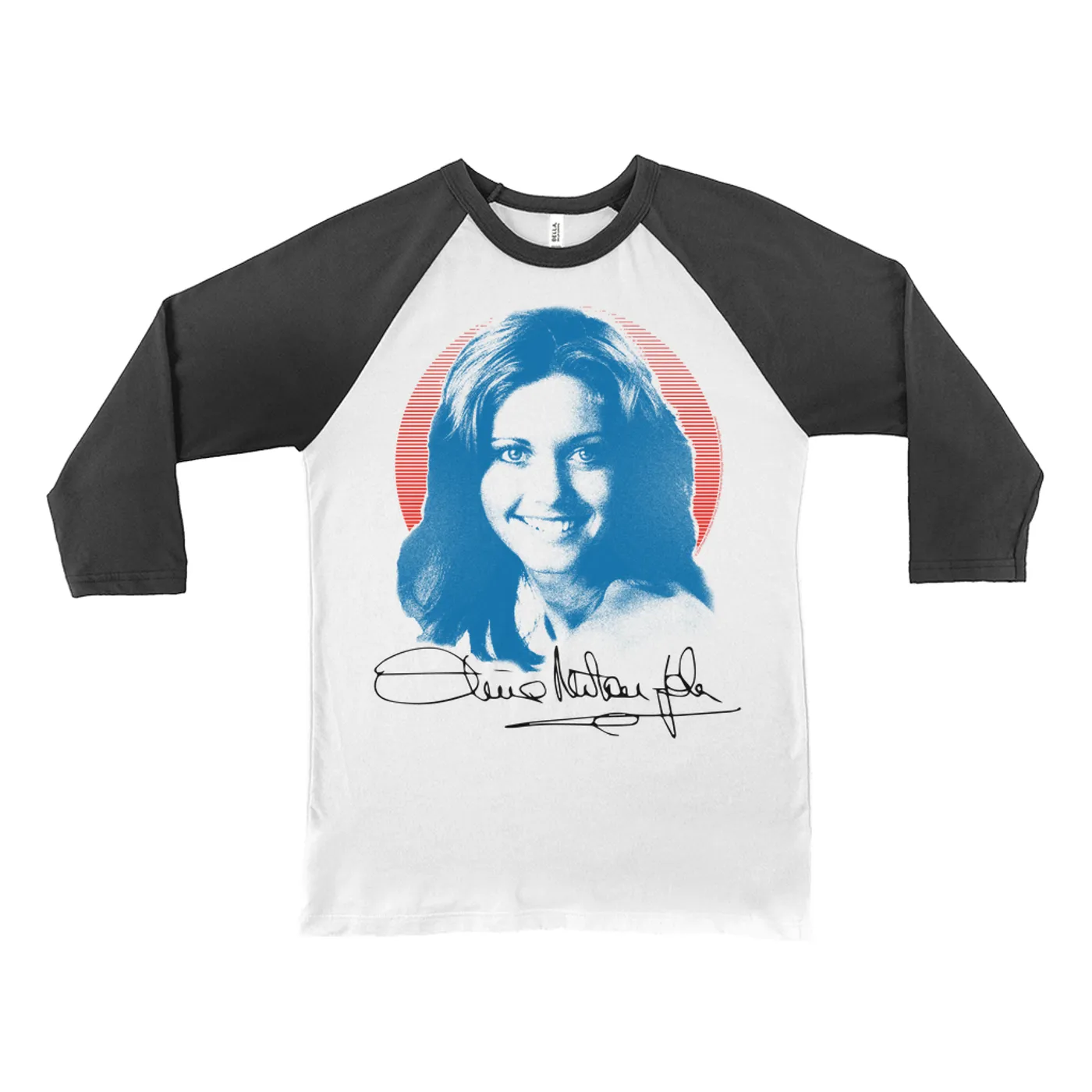 Olivia Newton-John 3/4 Sleeve Baseball Tee | Blue Distressed Monochrome Image Olivia Newton John Shirt