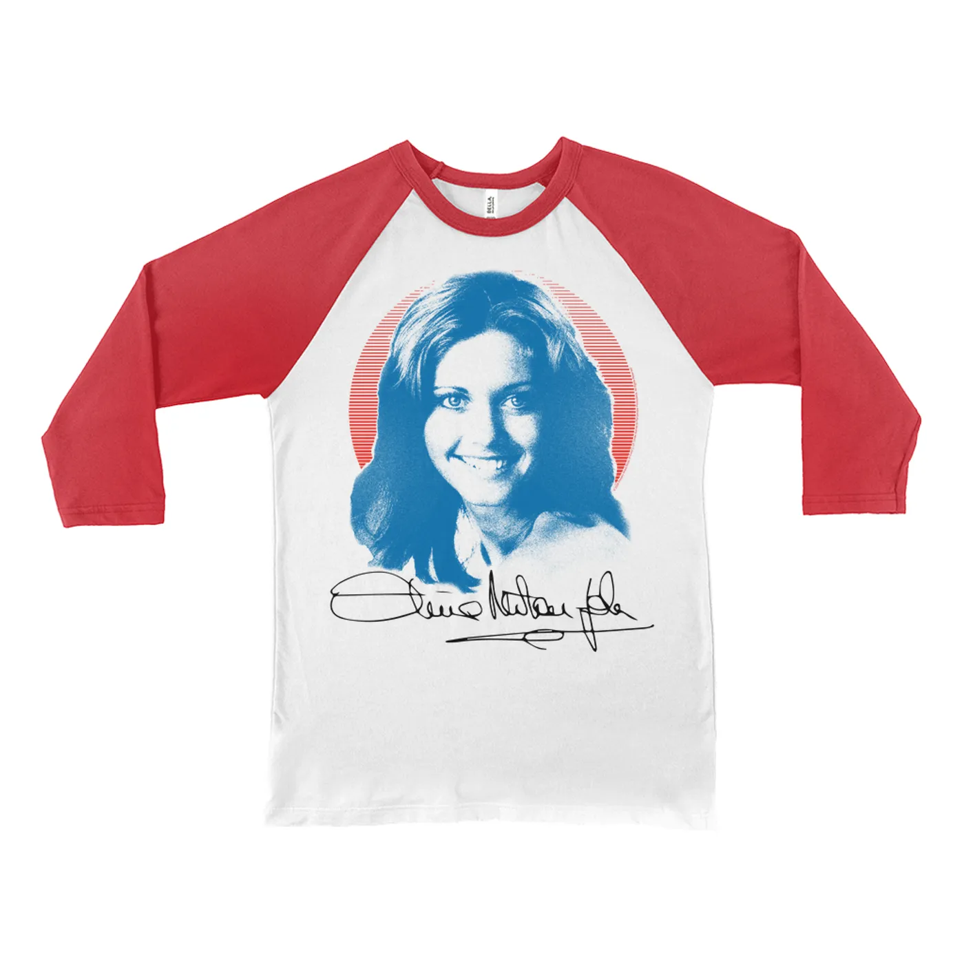 Olivia Newton-John 3/4 Sleeve Baseball Tee | Blue Distressed Monochrome Image Olivia Newton John Shirt