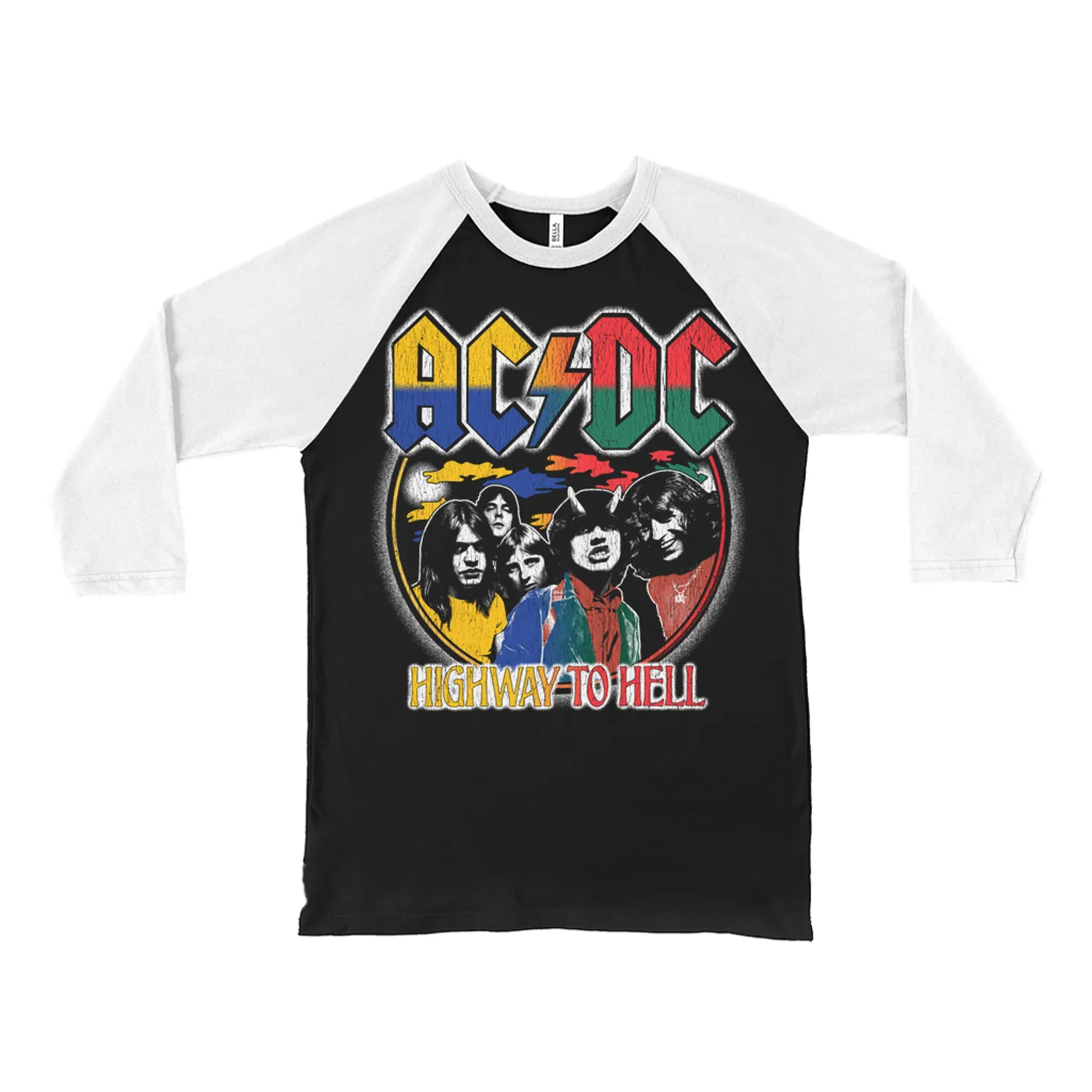 AC/DC 3/4 Sleeve Baseball Tee | Colorful Ombre Retro Highway To Hell Distressed ACDC Shirt