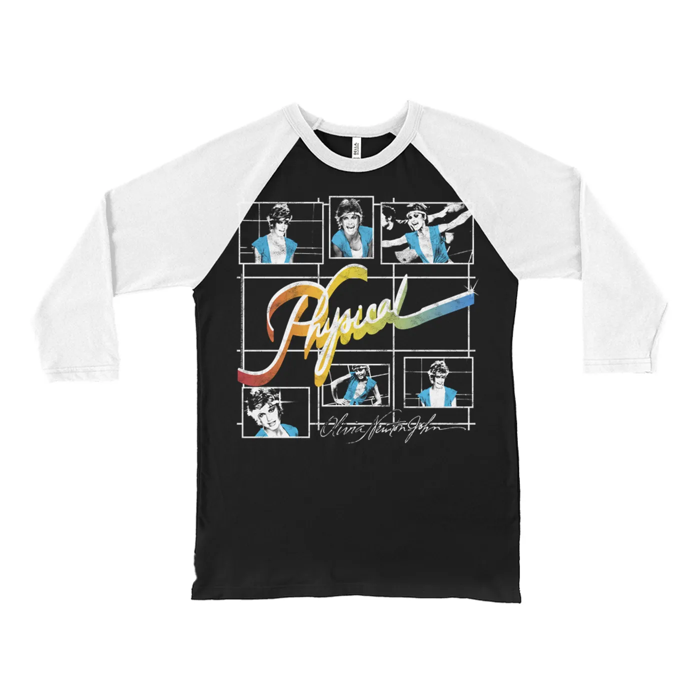 Olivia Newton-John 3/4 Sleeve Baseball Tee | Colorful Ombre Physical Collage Distressed (Merchbar Exclusive) Olivia Newton John Shirt