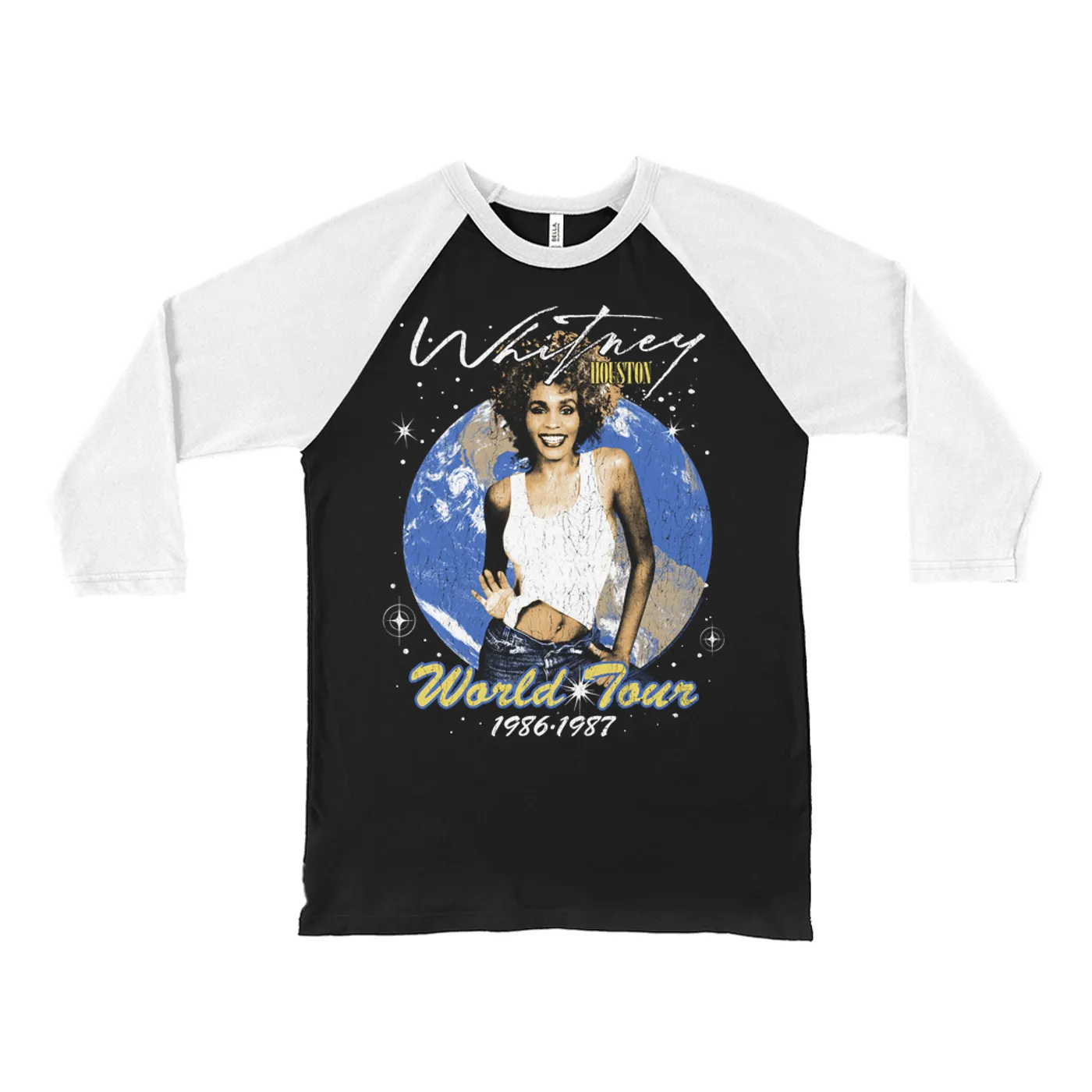 Whitney Houston 3/4 Sleeve Baseball Tee | World Tour 1986-1987 Distressed Whitney Houston Shirt