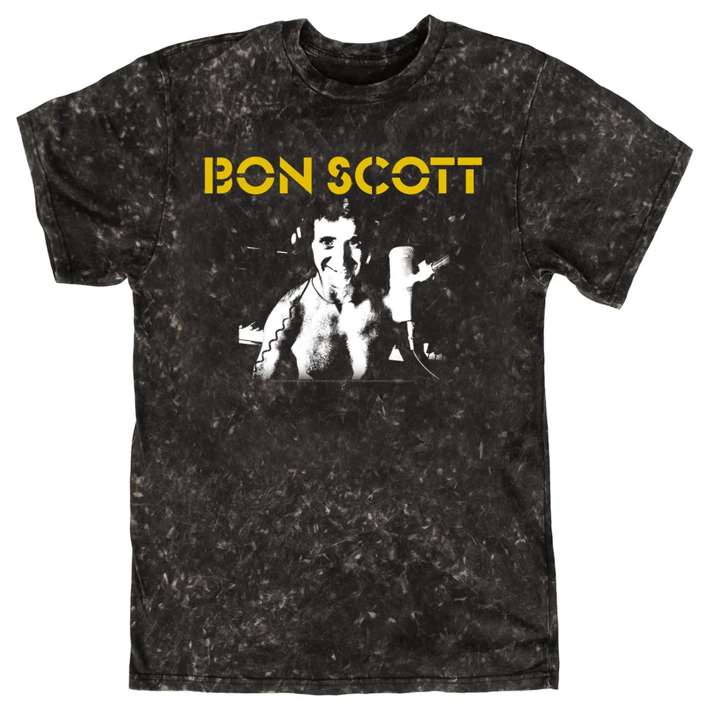 Bon Scott T-shirt | Black And White With Yellow Stencil Logo Bon Scott Mineral Wash Shirt