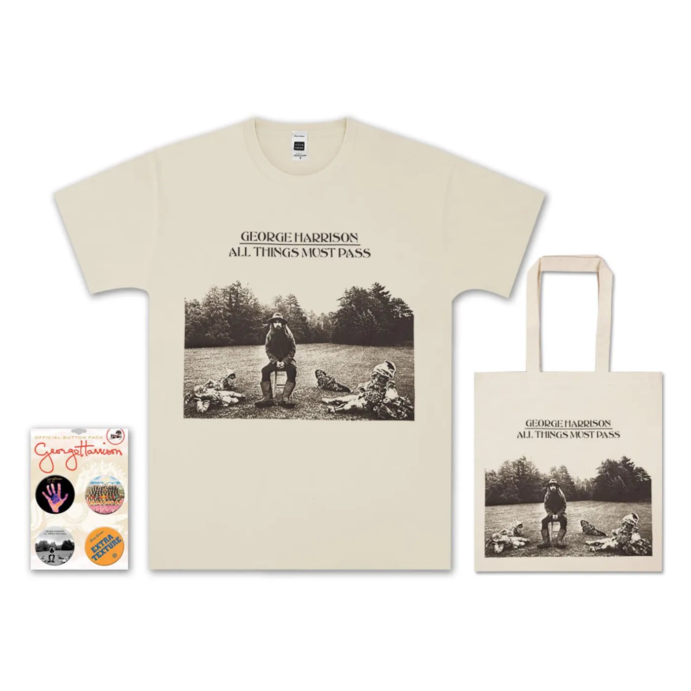 George Harrison All Things Must Pass T-Shirt, Tote & Badge Set Bundle