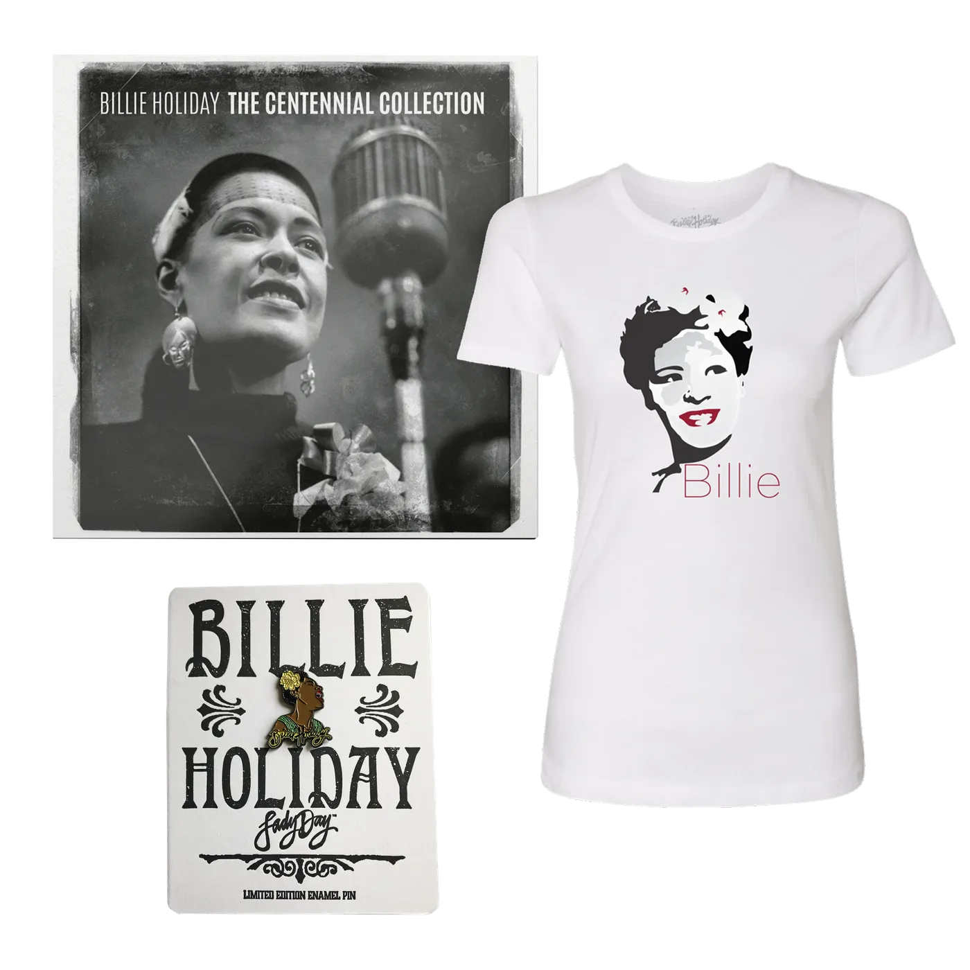 Billie Holiday The Centennial Collection (CD) + T-Shirt + Enamel Pin Bundle