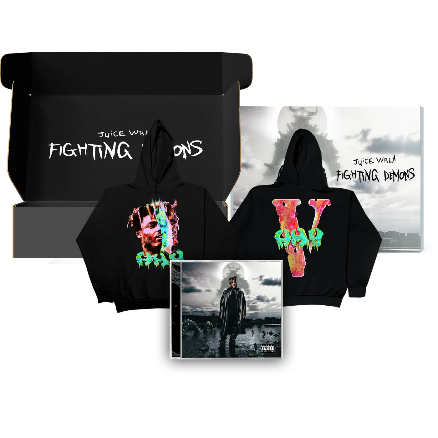 Juice WRLD Fighting Demons VLONE 999 Hoodie Black  + “FIGHTING DEMONS” CD Box Set