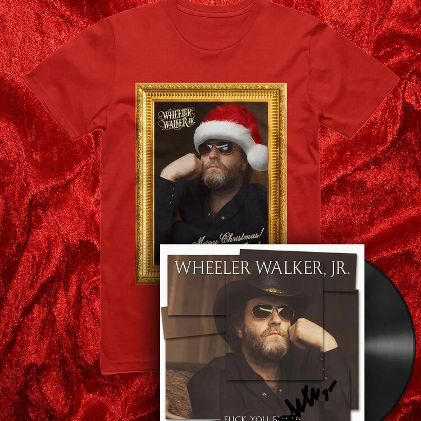 Wheeler Walker Jr. Pretty As A Picture Christmas Red Tee & Greatest Hits Vinyl