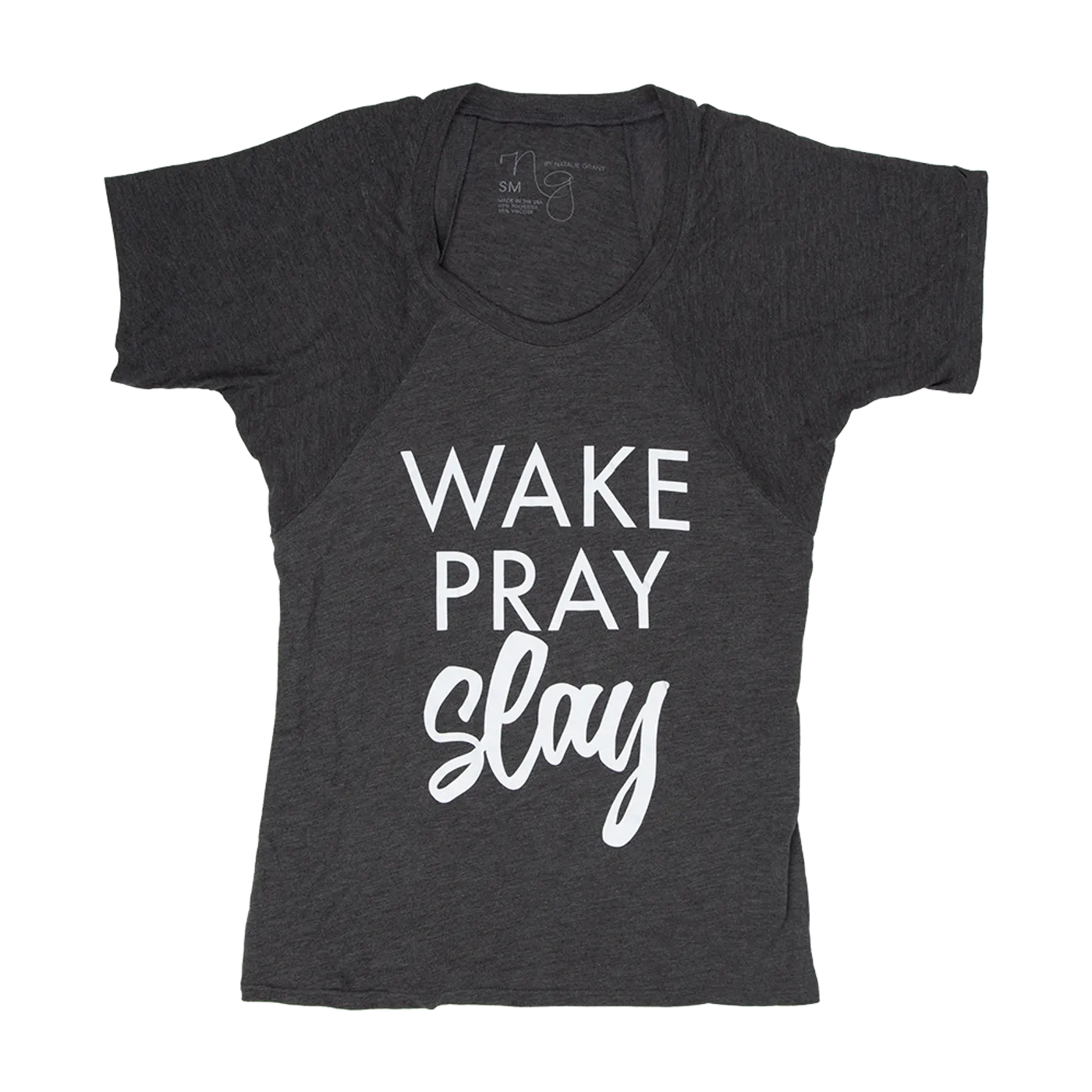 Natalie Grant Wake Pray Slay Tee - Grey and White