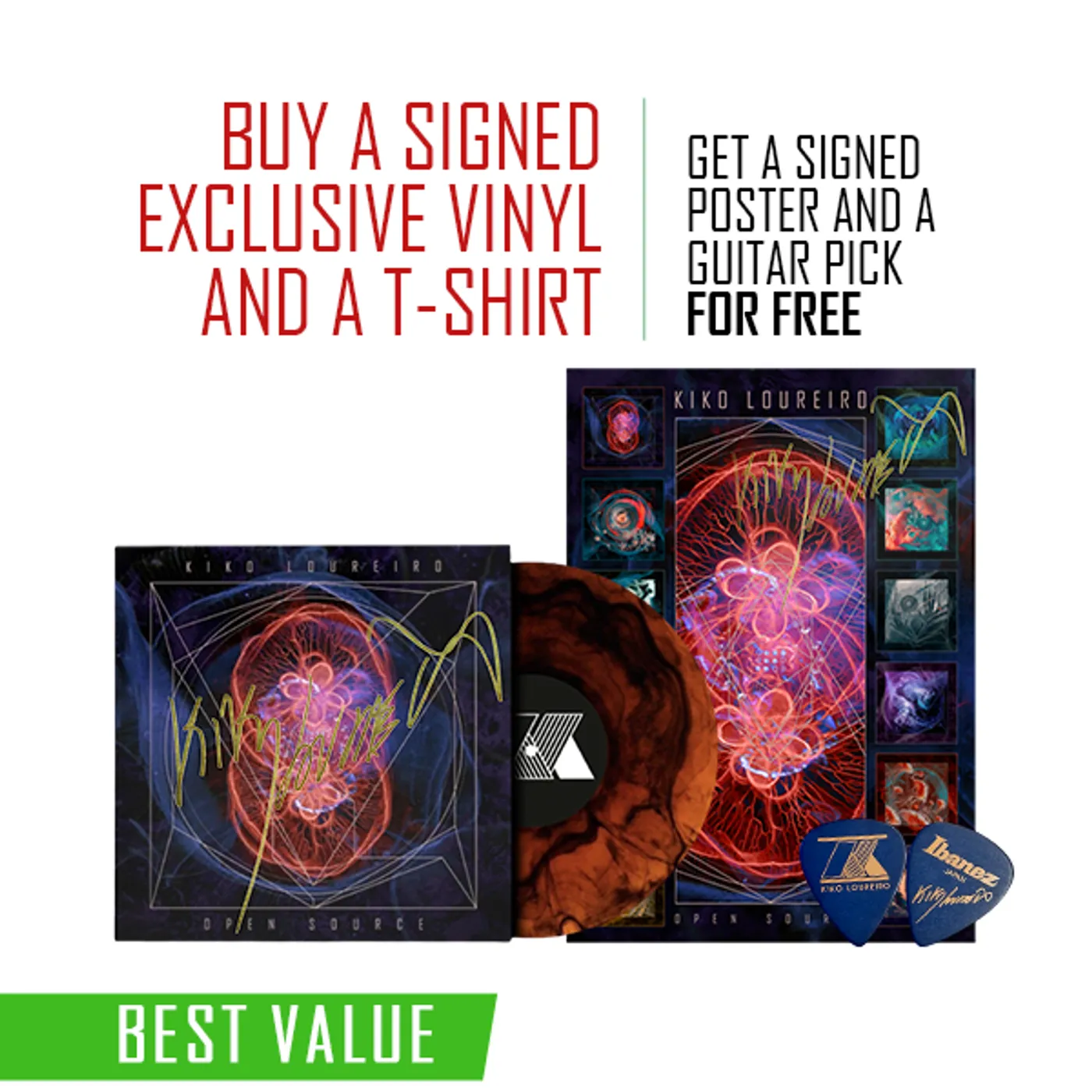 Kiko Loureiro Signed Vinyl and T-shirt bundle Open Source (get a signed poster and a guitar pick for free)