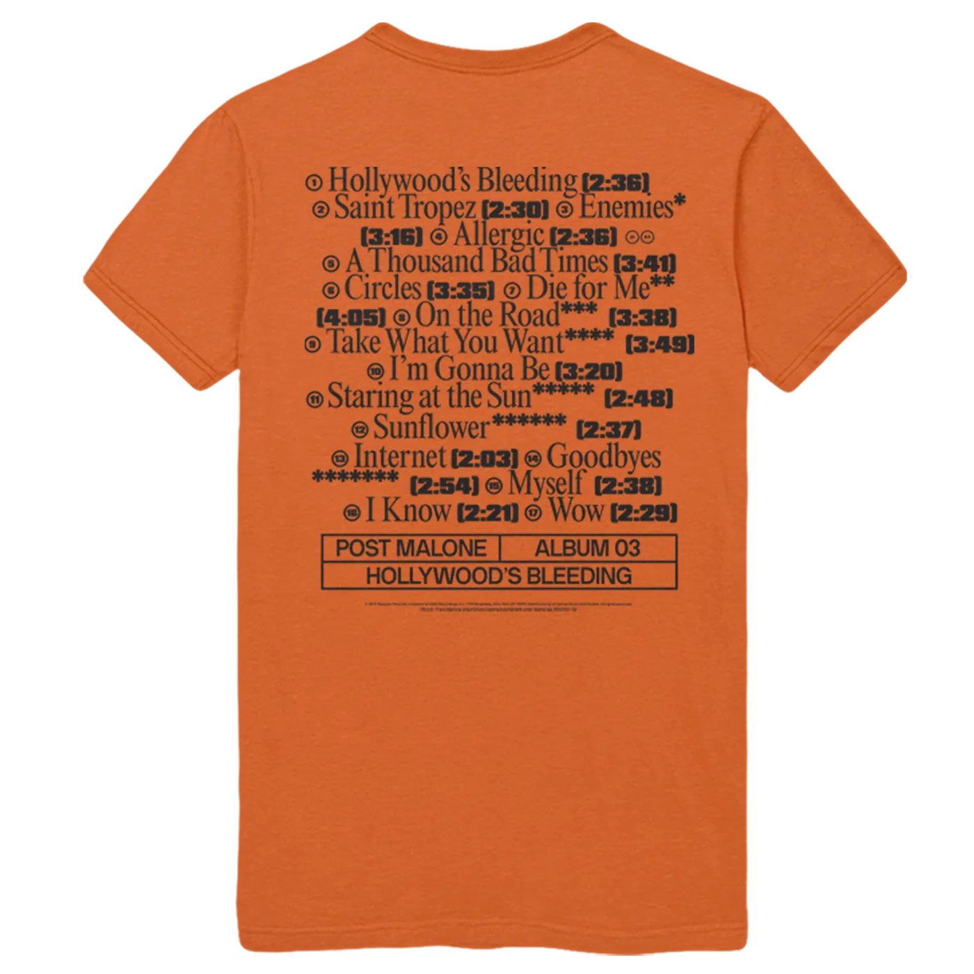Post Malone Hollywood's Bleeding Tracklist Tee - Orange