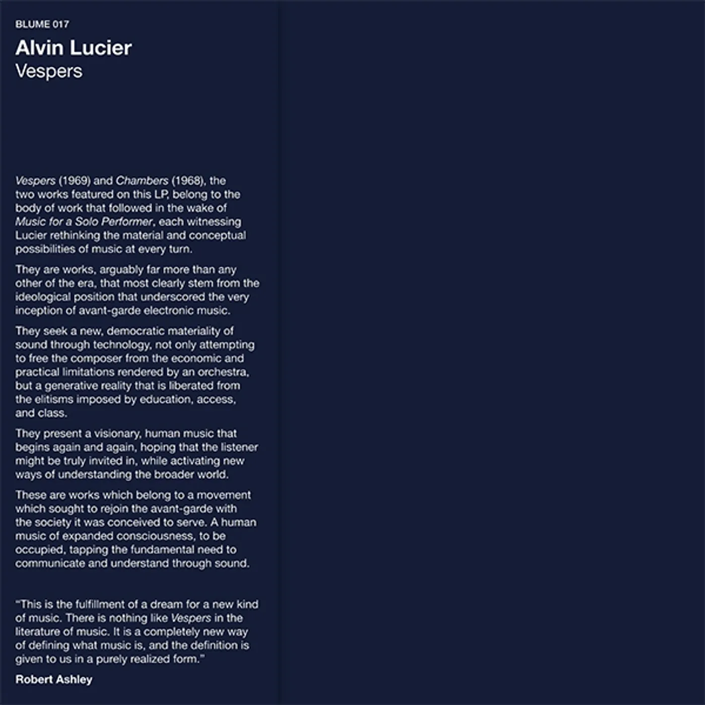 Alvin Lucier VESPERS Vinyl Record