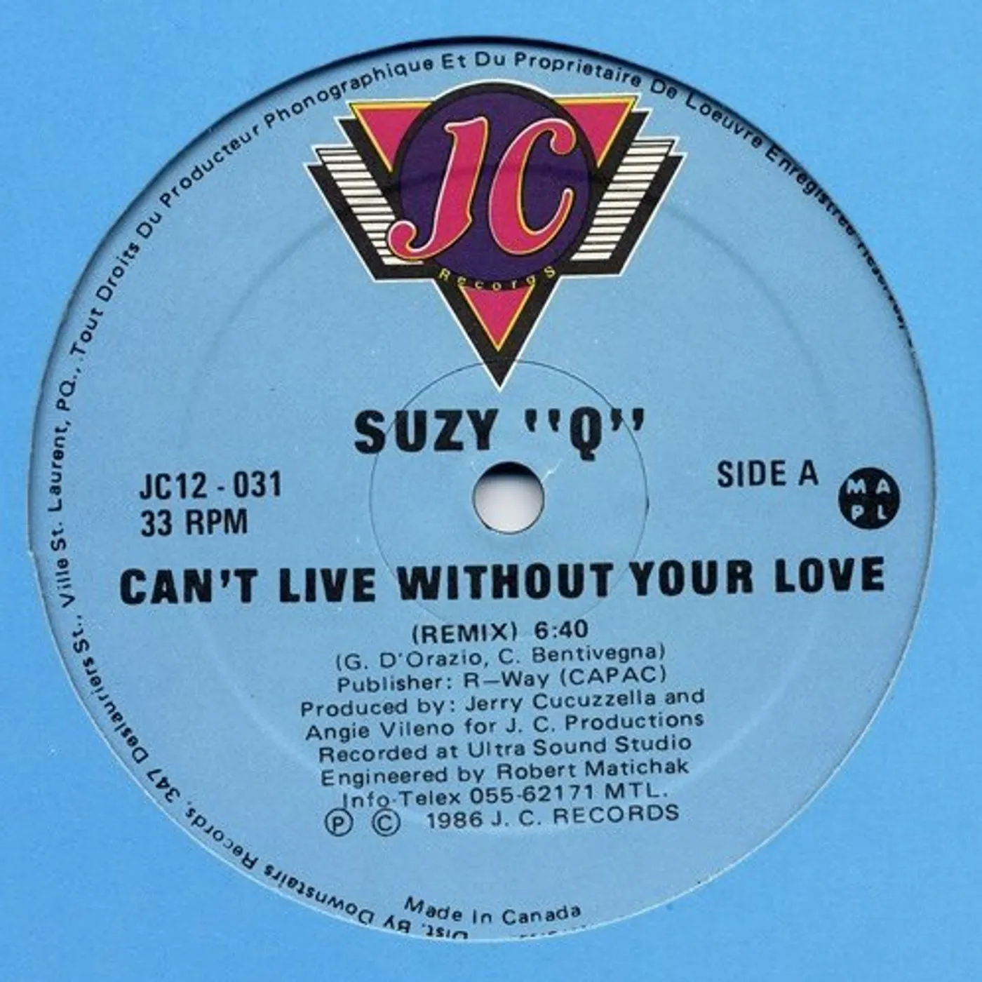 Suzy Q Can't Live Without Your Love Vinyl Record