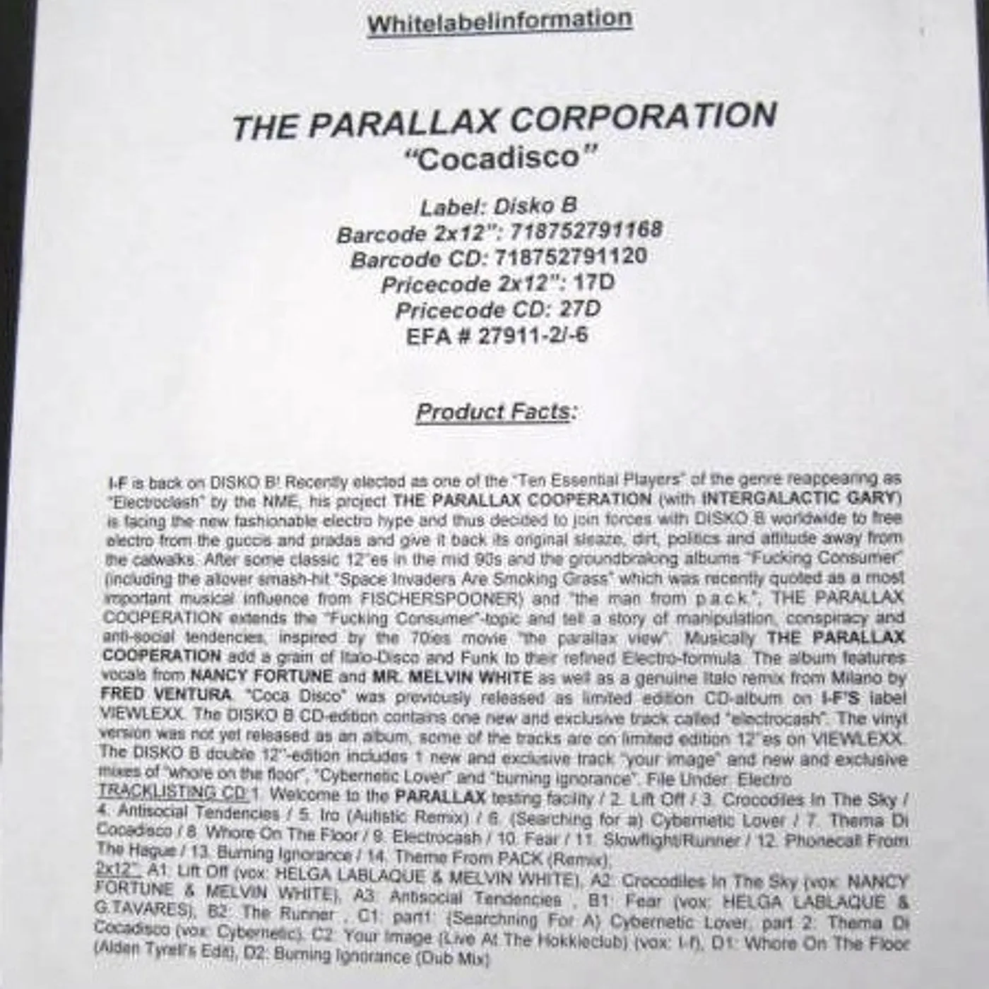 The Parallax Corporation Cocadisco Vinyl Record