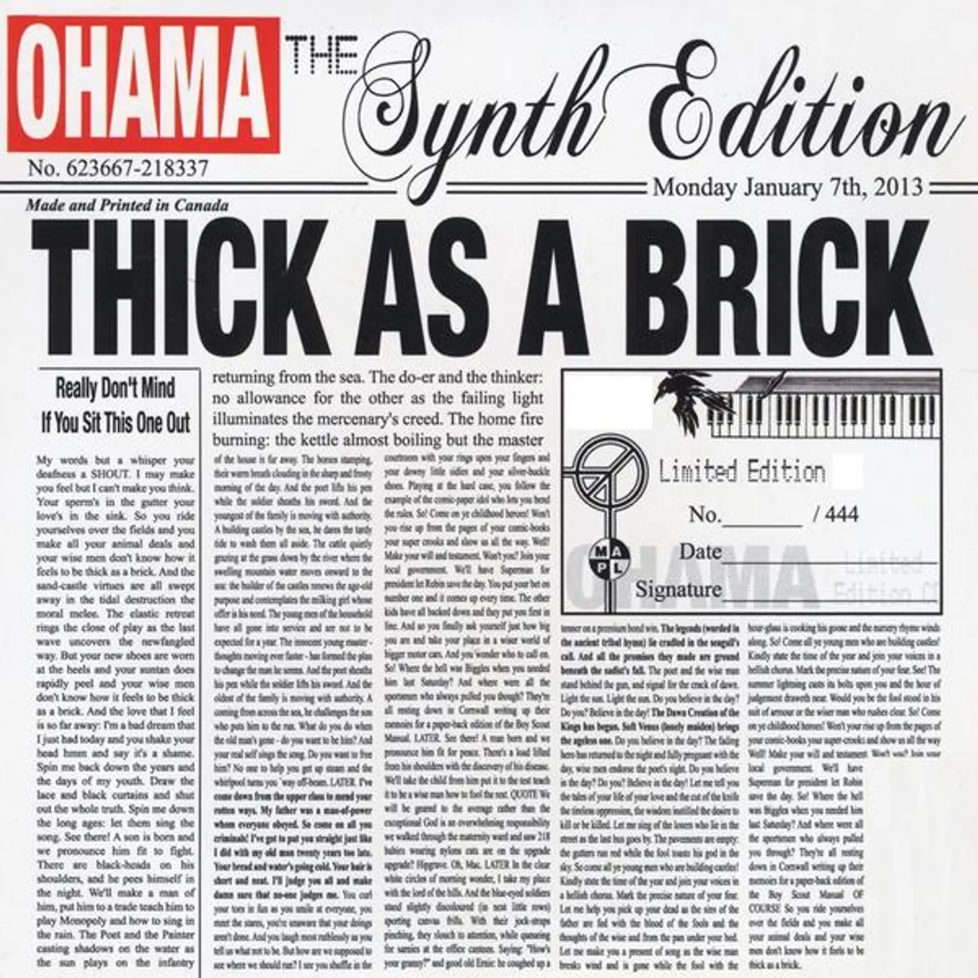 Ohama THICK AS A BRICK: SYNTH EDITION CD