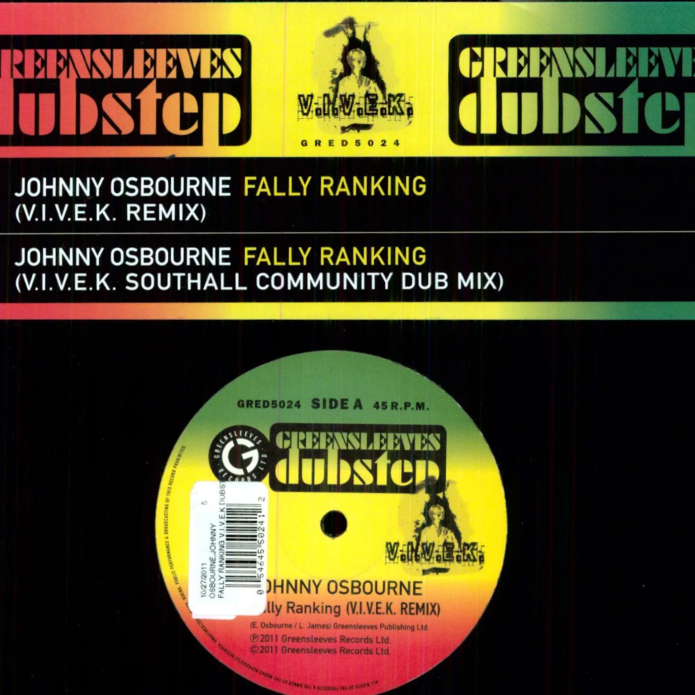 Johnny Osbourne FALLY RANKING V.I.V.E.K DUBSTEP REMIX Vinyl Record - UK Release