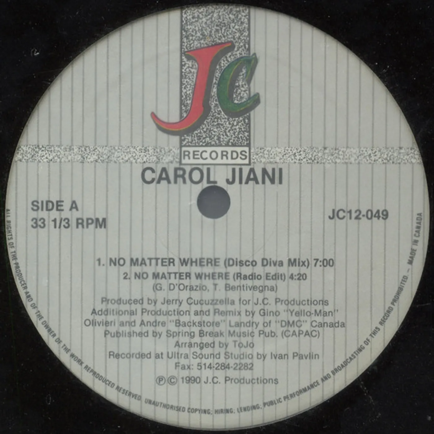 Carol Jiani NO MATTER WHERE Vinyl Record