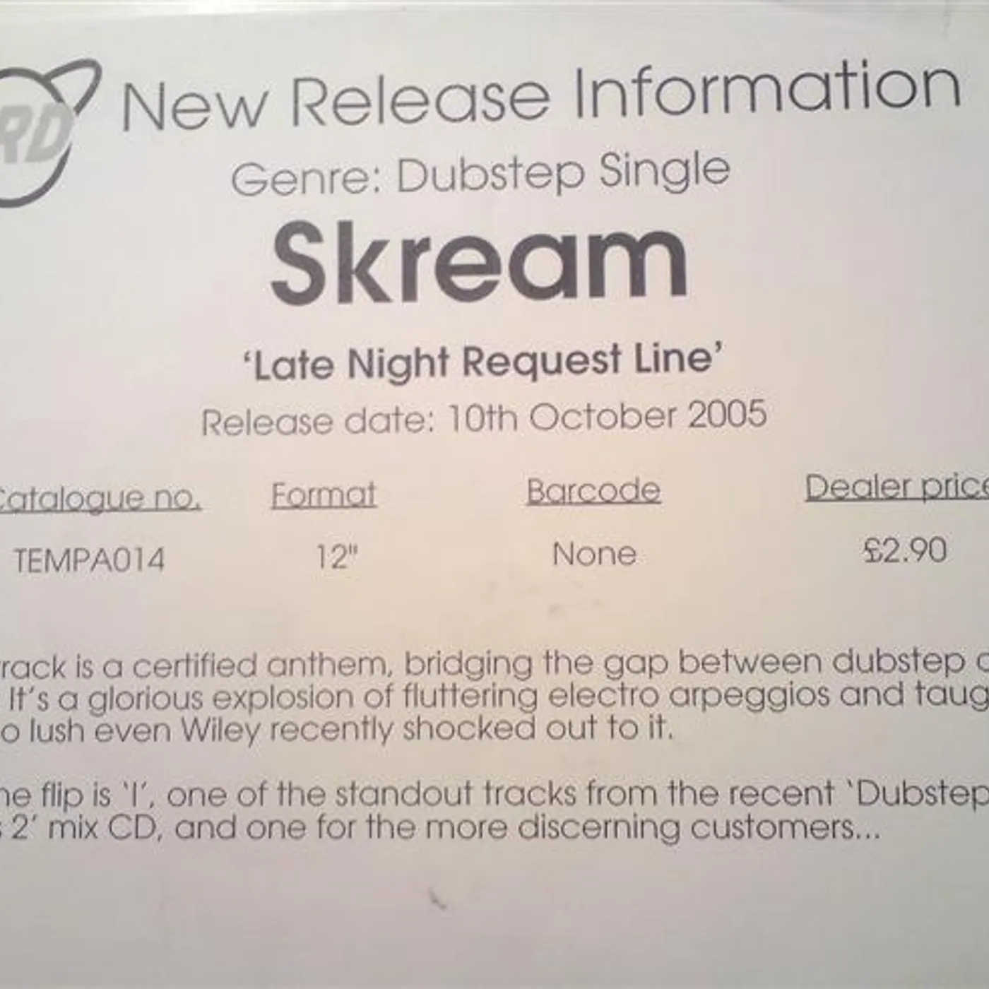 Skream LATE NIGHT REQUEST LINE Vinyl Record