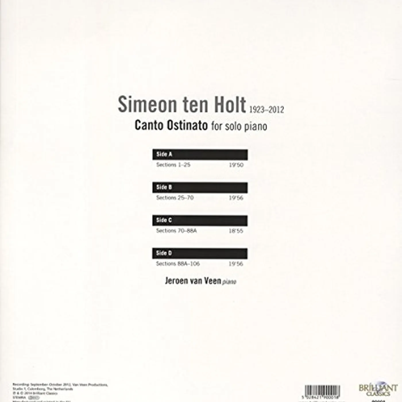 Jeroen van Veen TEN HOLT: CANTO OSTINATO FOR SOLO PIANO (UK) (Vinyl)