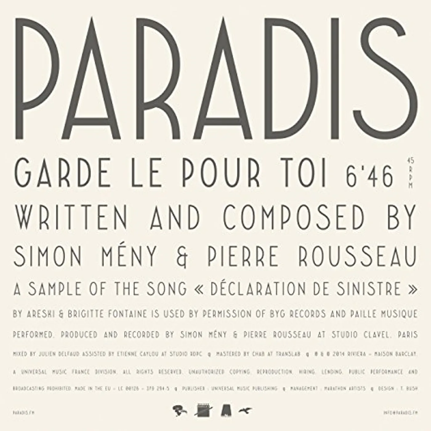 Paradis GARDE-LE POUR TOI Vinyl Record