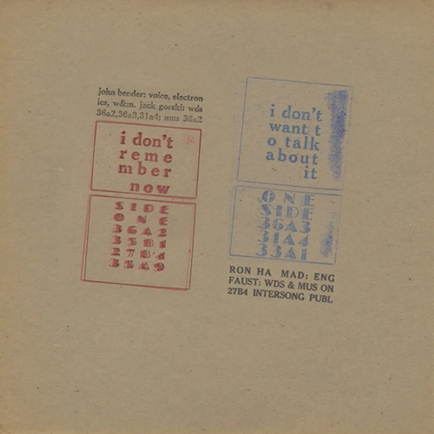 John Bender I DON'T REMEMBER NOW / I DON'T WANT TO TALK ABOUT Vinyl Record