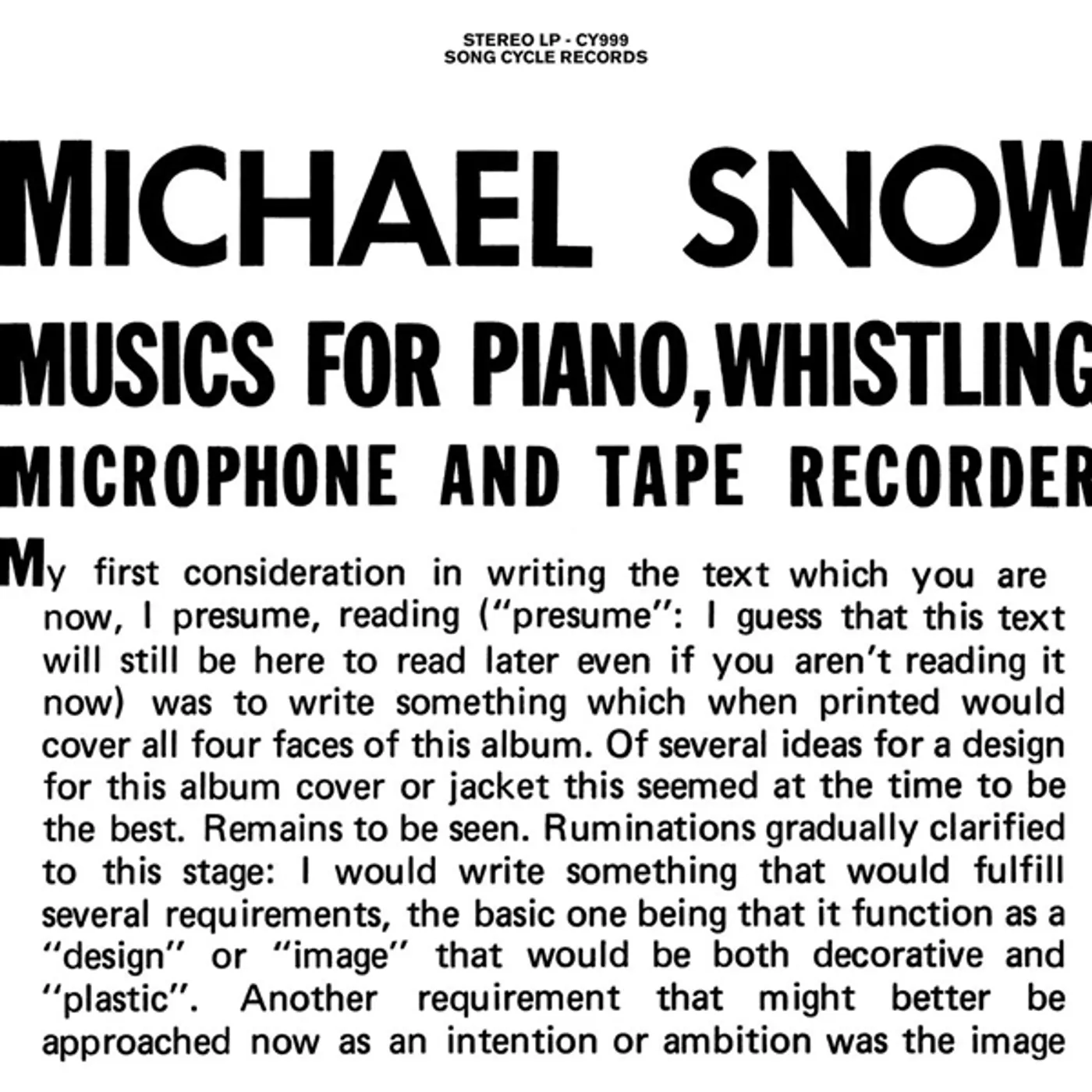 Michael Snow MUSICS FOR PIANO WHISTLING MICROPHONE & TAPE Vinyl Record