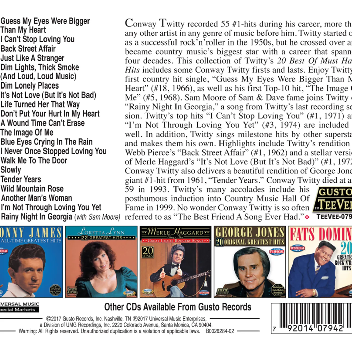 Conway Twitty 20 BEST OF MUST HAVE HITS CD