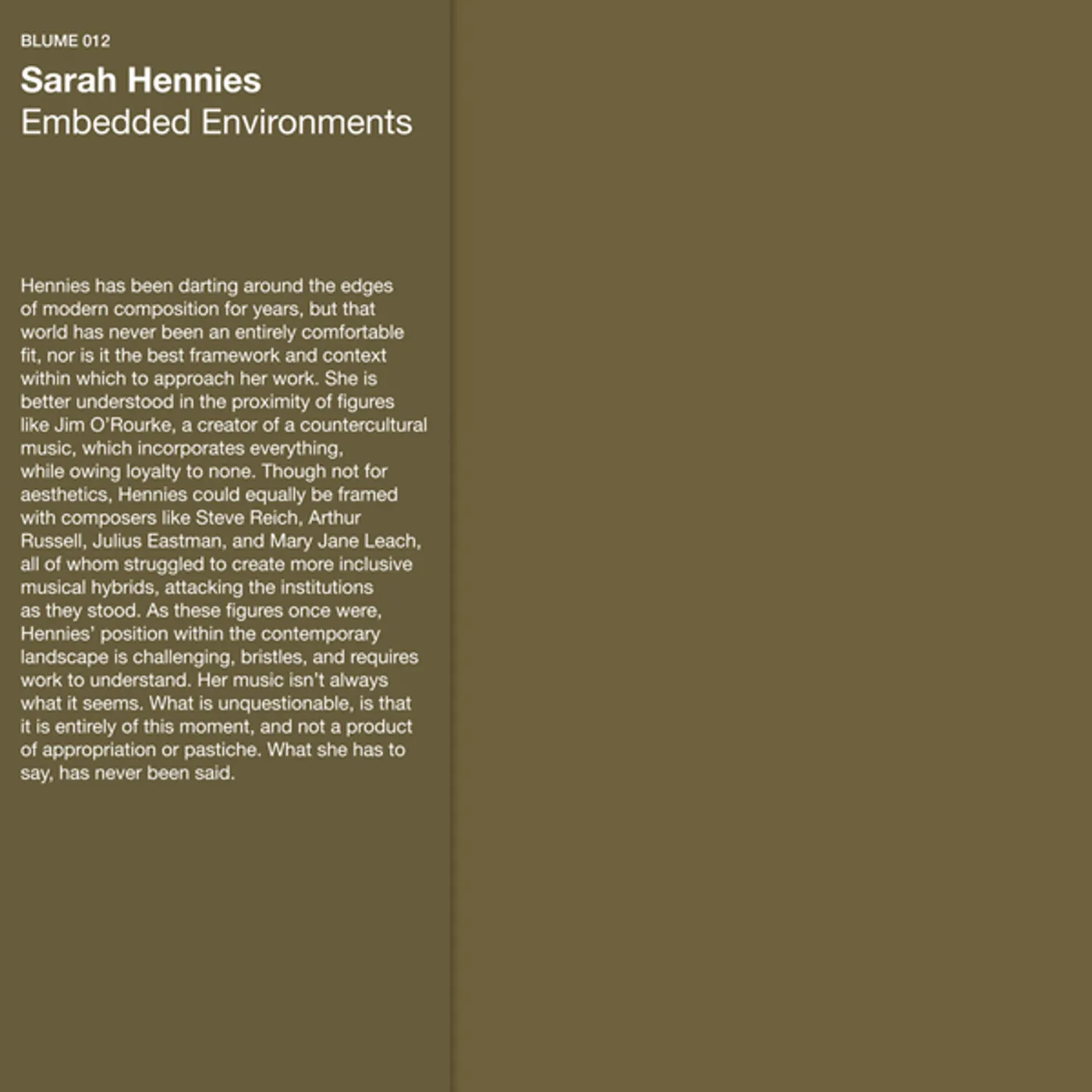 Sarah Hennies EMBEDDED ENVIRONMENTS Vinyl Record