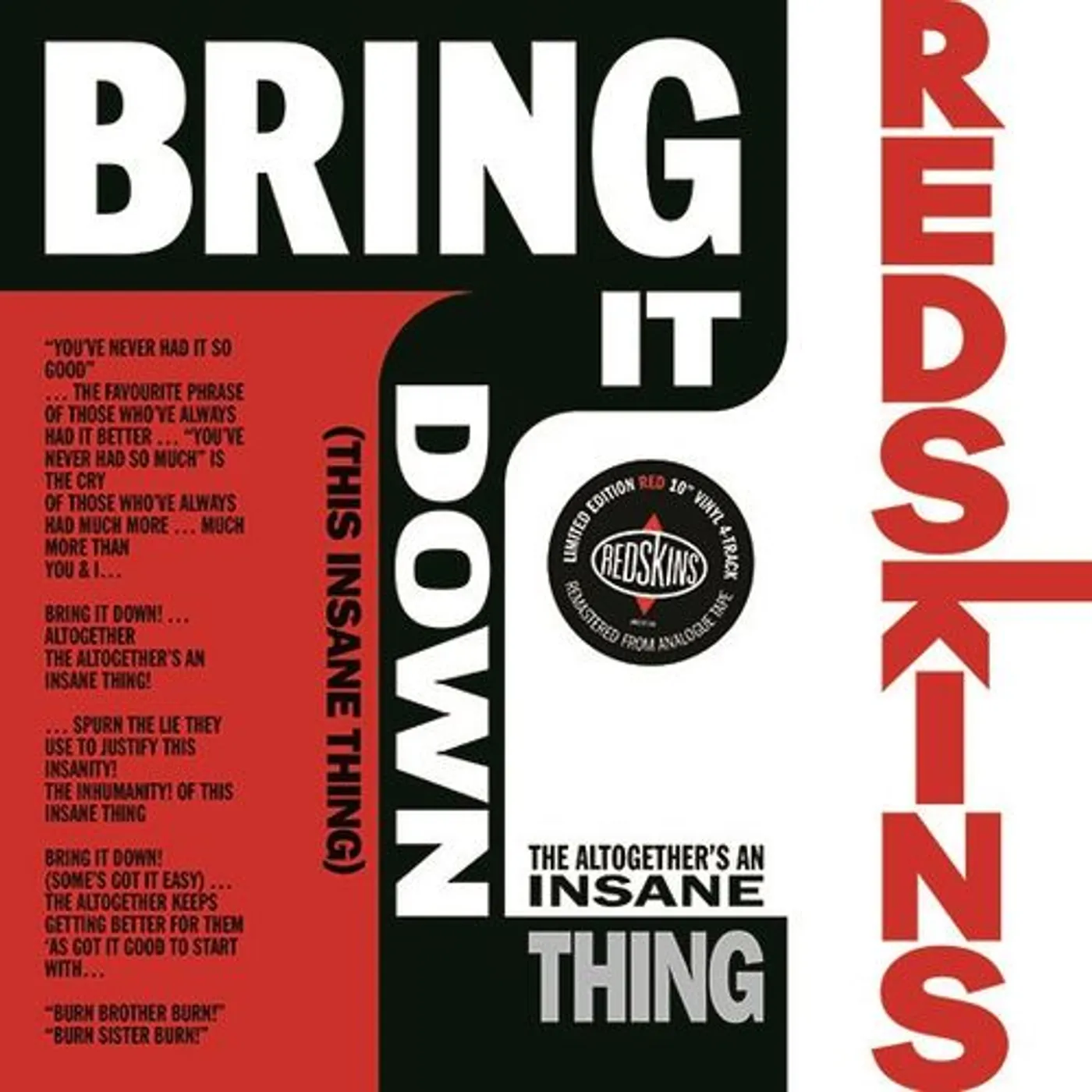 Redskins Bring It Down (This Insane Thing) Vinyl Record