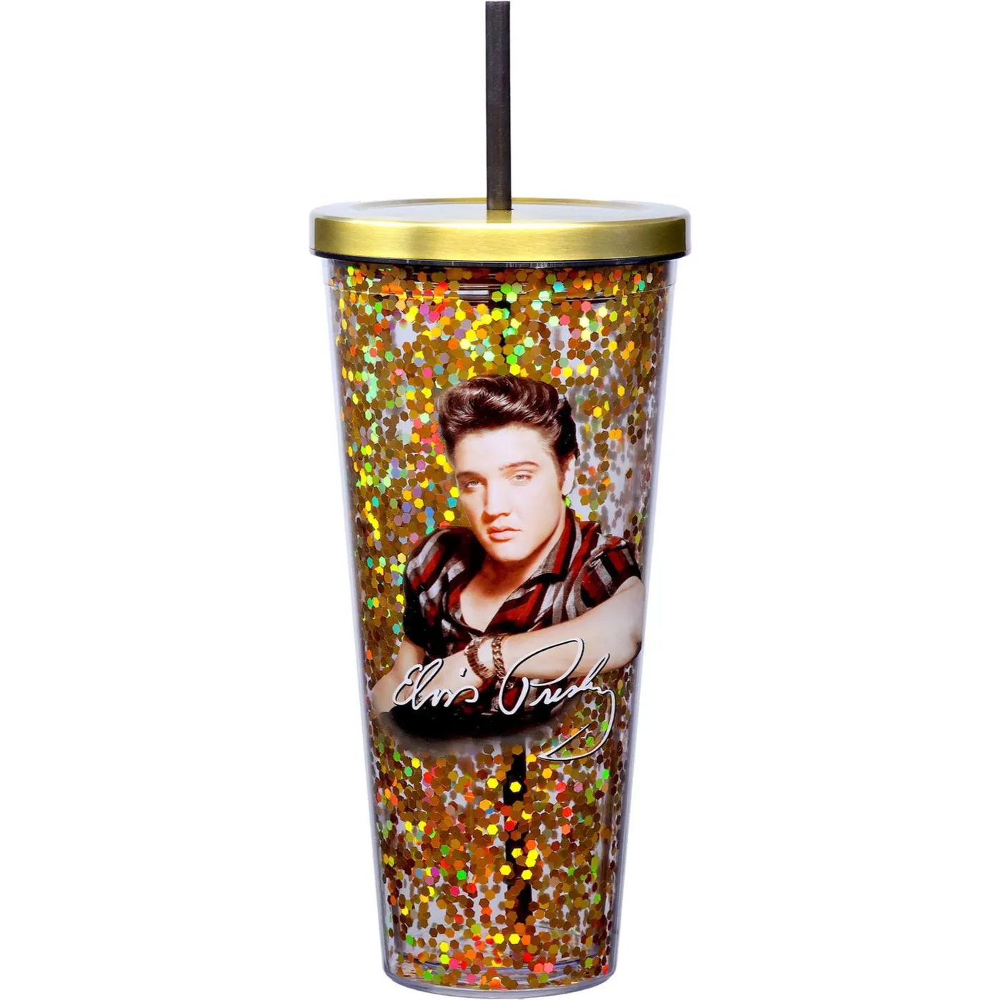 Elvis Presley 32 oz Gold Glitter Cup with Straw