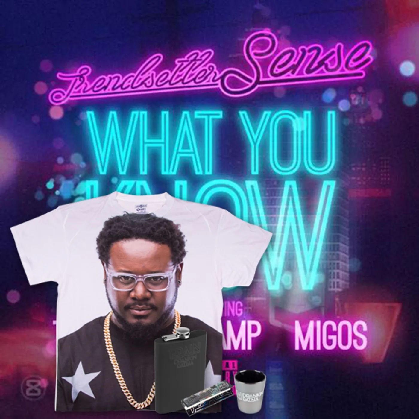 T-Pain T-Shirt+Flask+2 Shot Glasses+Rolling Papers Bundle w/ Free Track Download