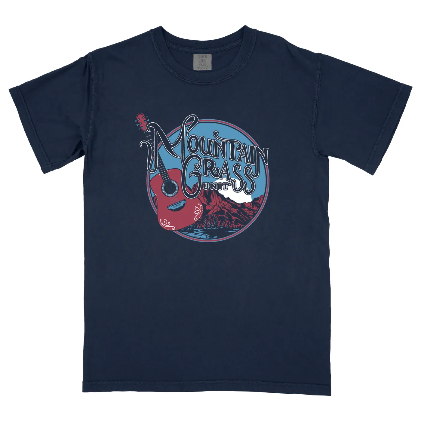 The Mountain Grass Unit Mountain Guitar Logo Navy Tee
