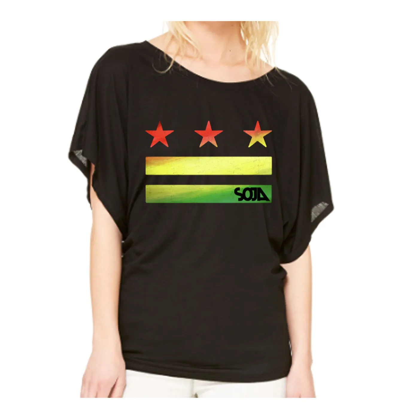 SOJA Stars & Stripes Logo Cut Out - Female Flowy Black Top
